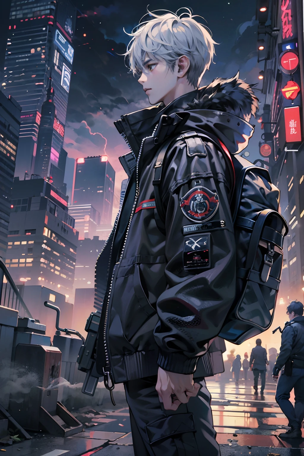 1boy,(a 13 yo boy:1.5)、Anime-style protagonist、Cyberpunk Boy、Black attire、silber hair、machine gun、Handgun、Whole body bloody、The beginning of the adventure、Lots of clouds,heavy fog、Lightning、Moon,Chaotic city of the future、dystopian、Dim lighting、Chaotic、Beautiful and fantastic scenery、Cinematic scenery、hightquality、masutepiece,in 8K、hight resolution、