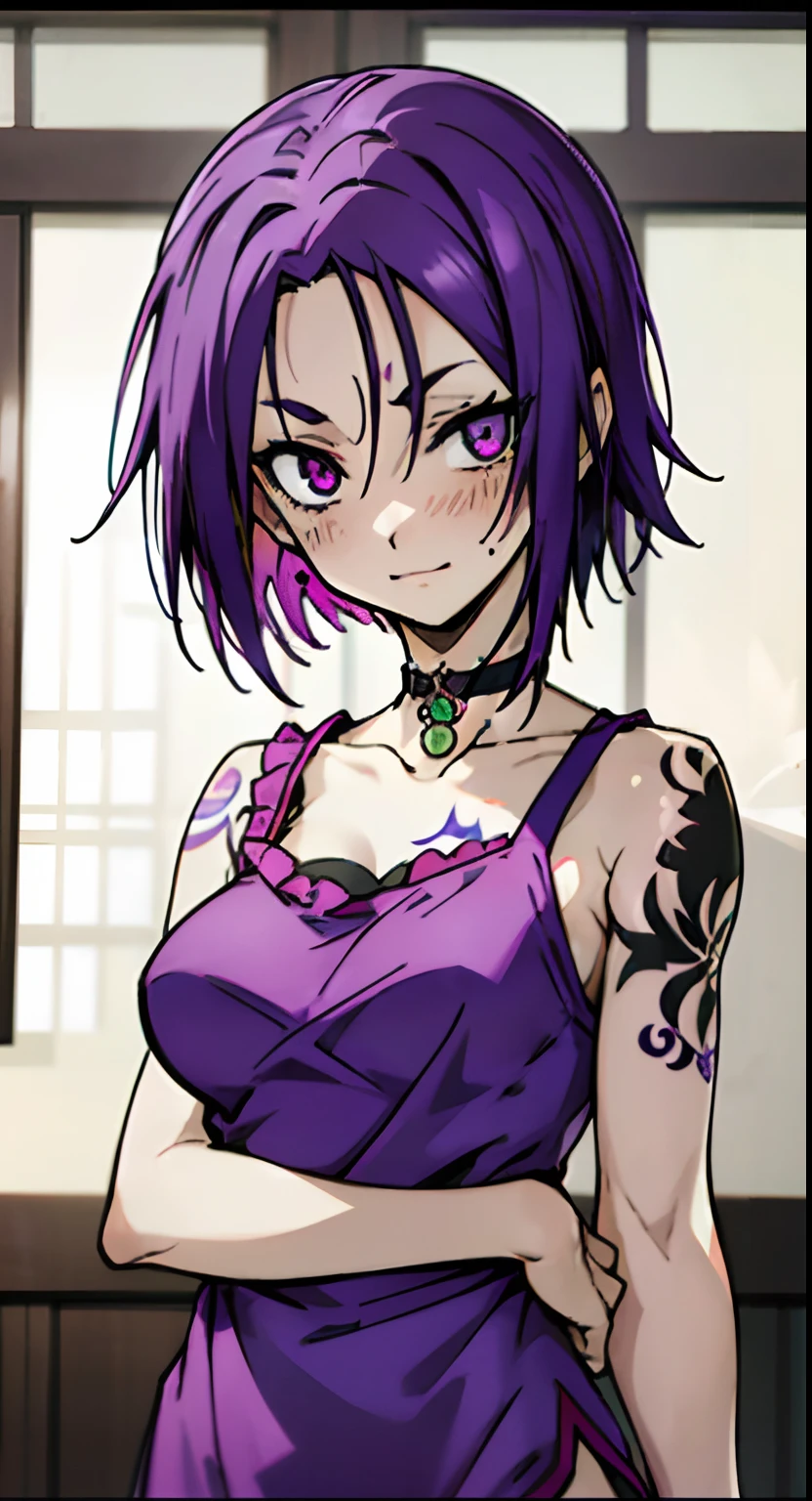 masutepiece, Best Quality, Ultra-detailed, Colorful,Up-close, Hyper-detailing,purple color hair, length hair, Reo Mikage, Blue Lock, no sleeves, camisole and cheongsam, chinese clothes, Chest exposure, Ruffled underwear, Choker, Black Choker, Relative area, The tattoo, arm tattoos, Dragon tattoo, body tattoo, arm tattoo, wrist tatoo, hand tattoo, Sexy breasts, Scar, Big breasts, red blush, 1girl in, Solo, Sharp face, Heterochromia, Green eyes, Purple eyes, Bare neck, Happy face