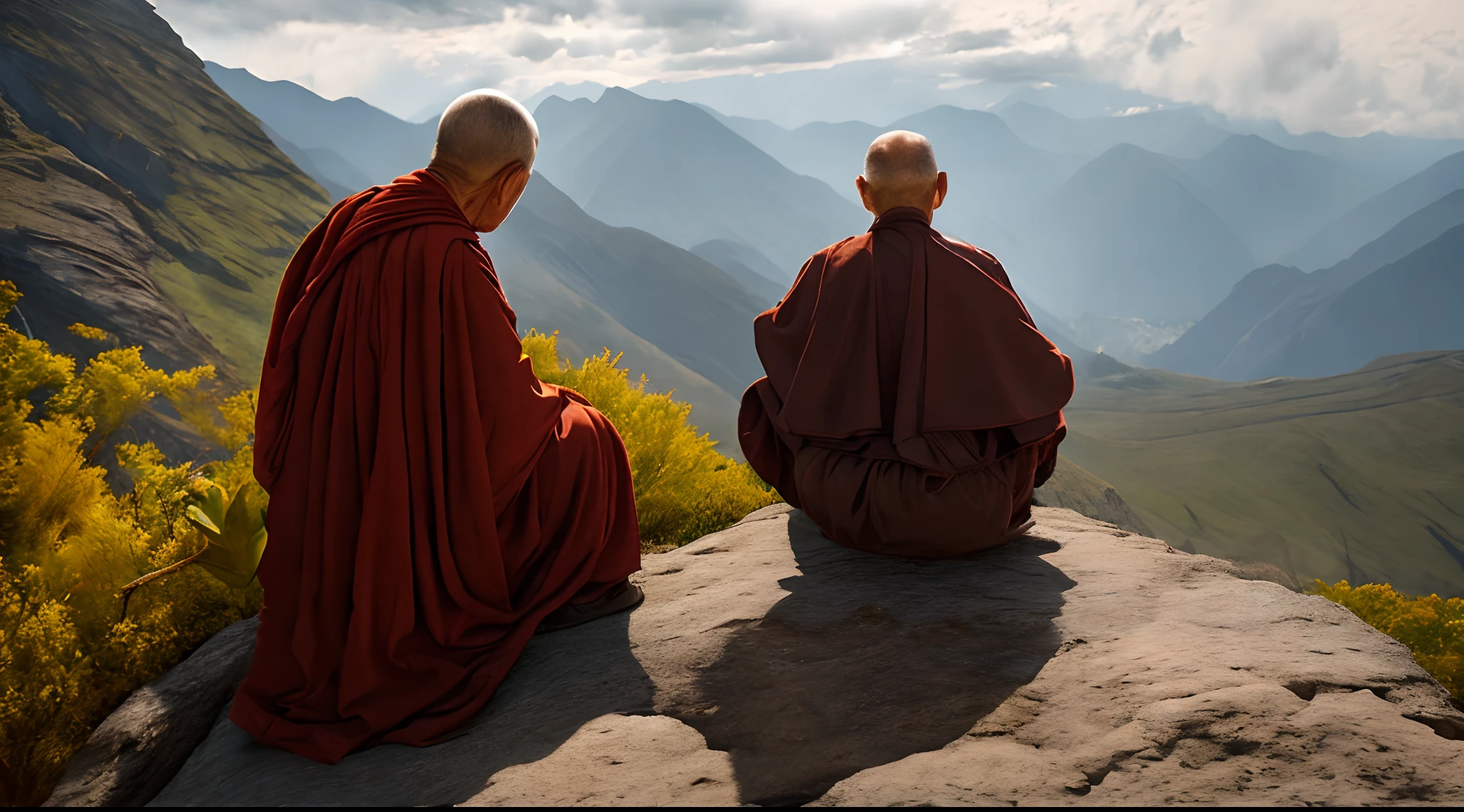 an old monk sitting with his disciple in the mountains, se olhando s cara a cara, Realistic, Cinematic image, 2K