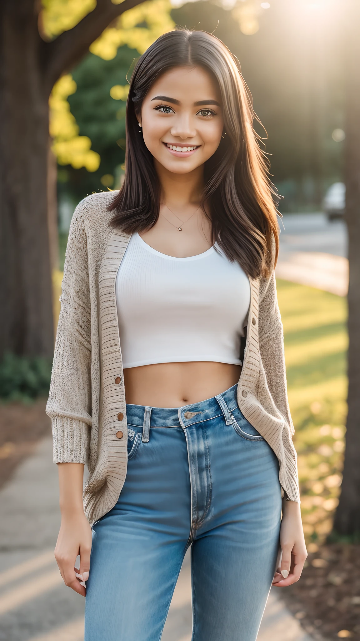 Hyper realistic and detailed full body photo of one young smiling beautiful girl wearing casual outfit. Sharp light. Sun is shining. perfect eyes, (Eye makeup:1.1), (highly detailed skin:1.1), RAW, analog style, sharp focus, 8k UHD, DSLR, high quality, Fujifilm XT3, grain, award winning, masterpiece.