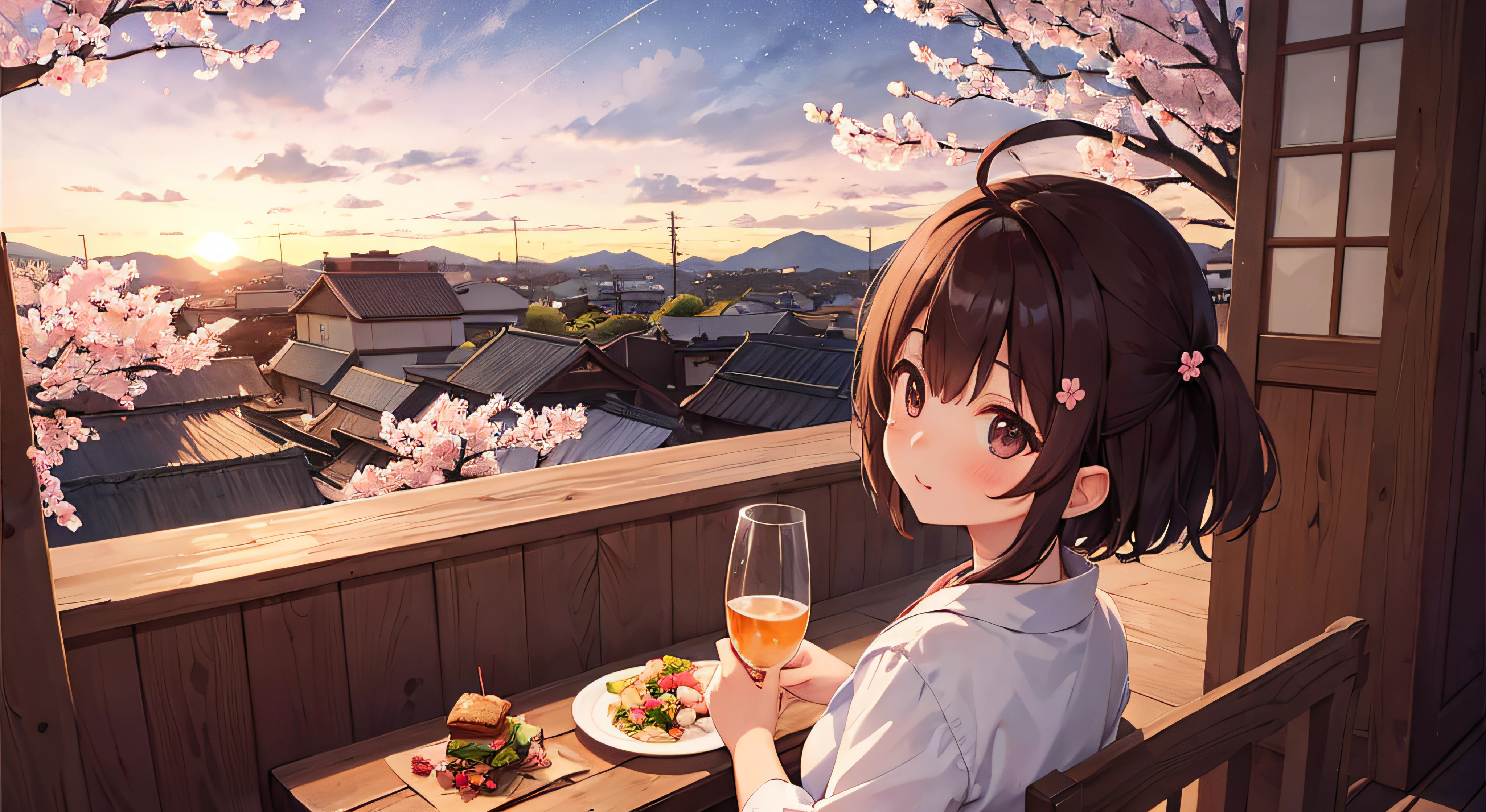 girl holding a drink having dinner, vista of cherry blossom trees at sunset