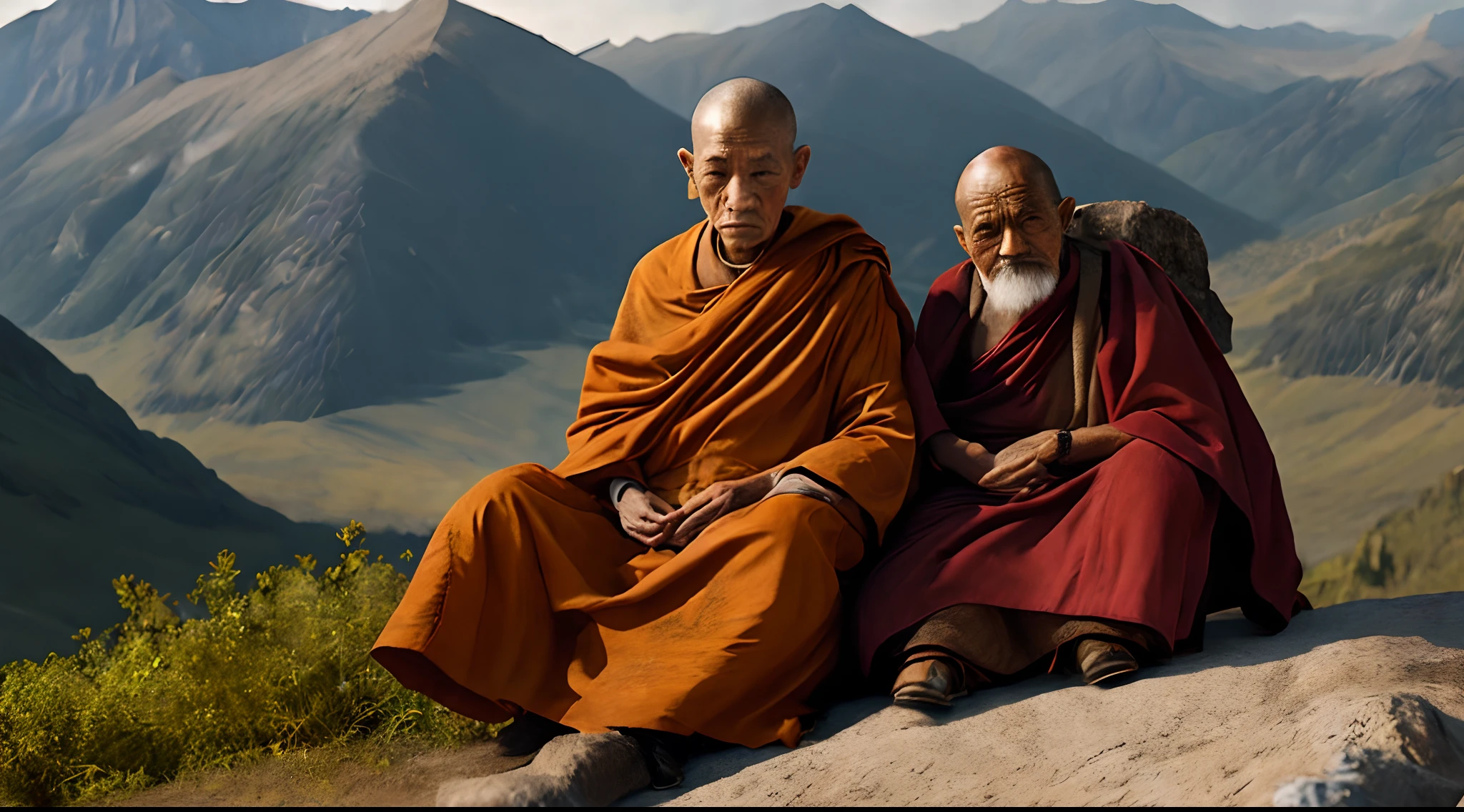 an old monk sitting with his disciple in the mountains, se olhando s cara a cara, Realistic, Cinematic image, 2K