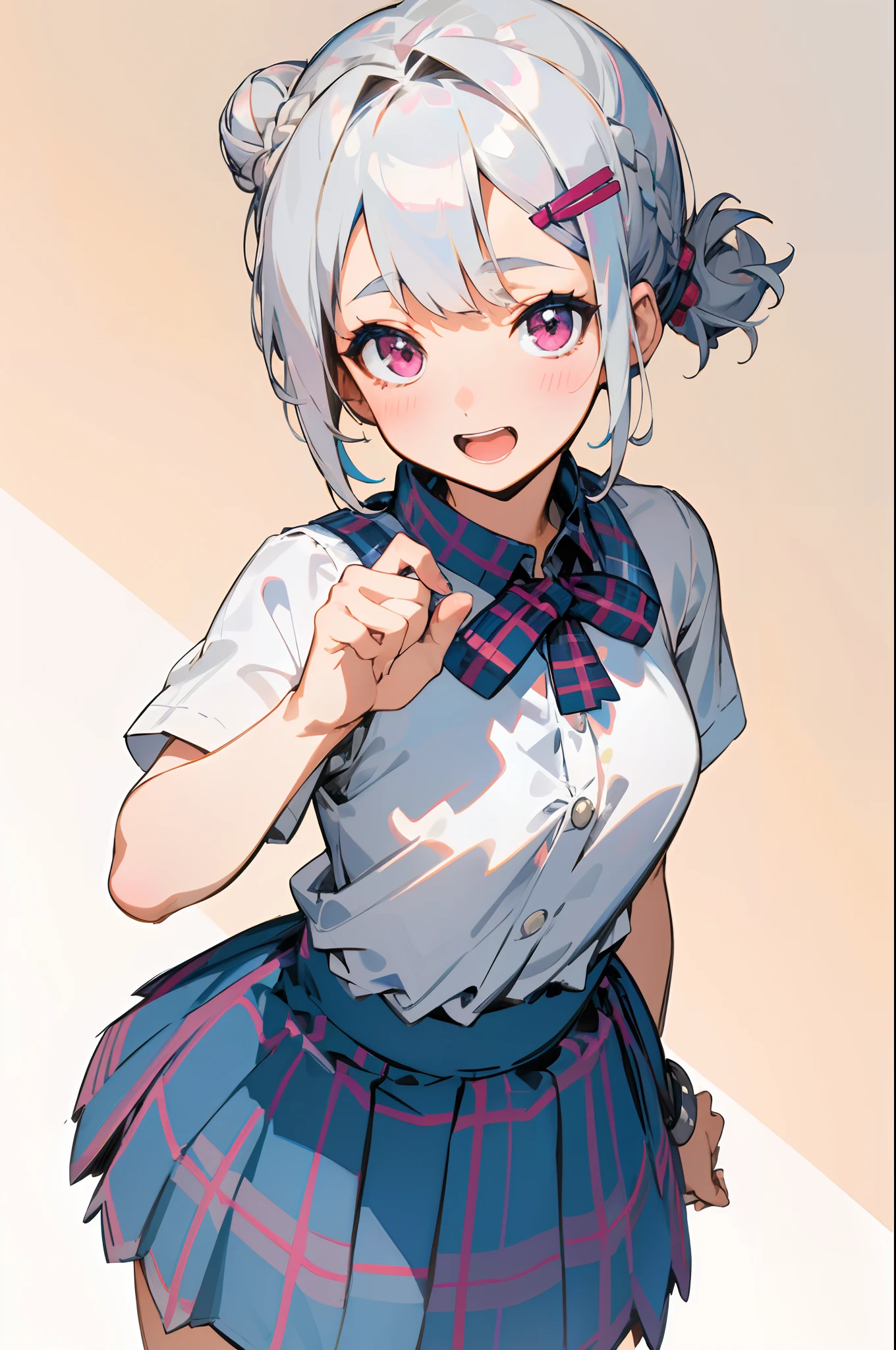 ​masterpiece, top-quality,  Short hairstyle with silver hair and bob, Hair tied in a bun with a hair clip, Pink eyes, small tits、White blouse shirt, Tartan checked skirt, The upper part of the body, From  above, Look at viewers, A smile, open open mouth, Rustic village