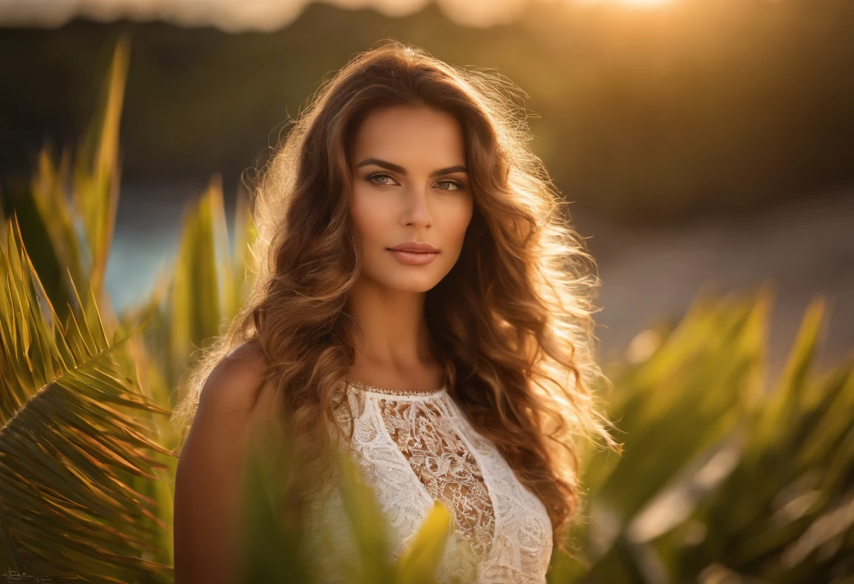 Professional portrait photograph of a beautiful Brazilian girl in summer dress with light brown wavy hair, pupilas redondas de los ojos, ((Mirada sensual y coqueta)), gorgeous symmetrical face, sin maquillaje, ((En pie, afuera en una playa tropical)), stunning setting Unique Modern Natural, ultrarrealista, Arte conceptual, elegante, Altamente detallado, intrincado, foco nítido, Profundidad de campo, f/1. 8.85mm, Plano medio, (centered image composition), (professional colour grading), ((Luz difusa suave y brillante)), volumetric mist, Tendencias de Instagram, Tendencias de tumblr, HDR 4K, 8k