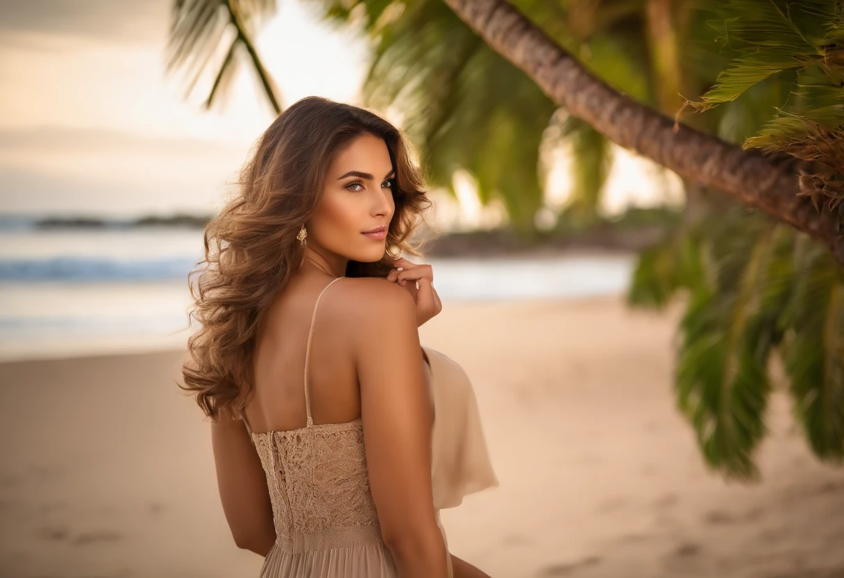 Professional portrait photograph of a beautiful Brazilian girl in summer dress with light brown wavy hair, pupilas redondas de los ojos, ((Mirada sensual y coqueta)), gorgeous symmetrical face, sin maquillaje, ((En pie, afuera en una playa tropical)), stunning setting Unique Modern Natural, ultrarrealista, Arte conceptual, elegante, Altamente detallado, intrincado, foco nítido, Profundidad de campo, f/1. 8.85mm, Plano medio, (centered image composition), (professional colour grading), ((Luz difusa suave y brillante)), volumetric mist, Tendencias de Instagram, Tendencias de tumblr, HDR 4K, 8k