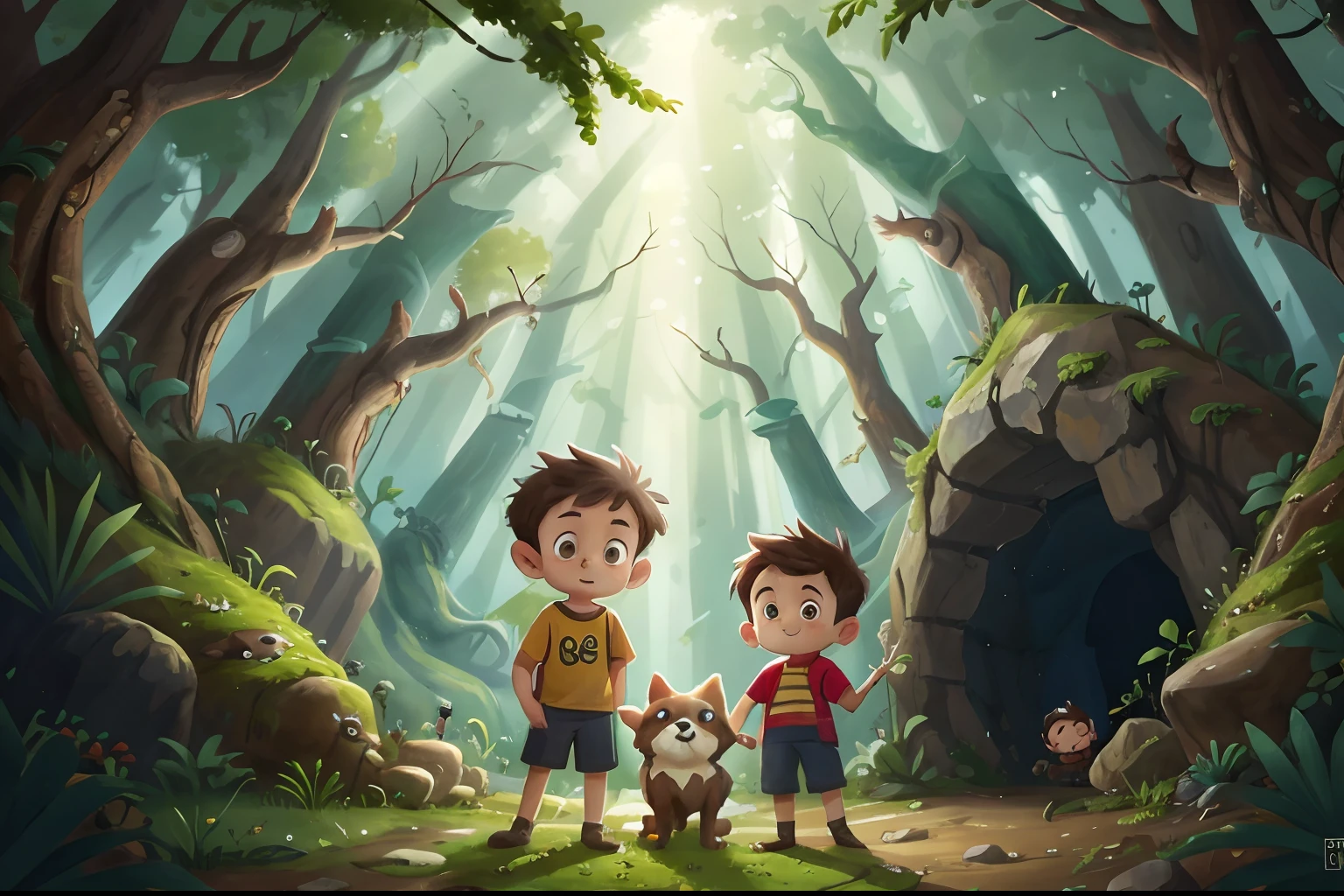 A couple of brothers and their dog in front of a cave in the forest
