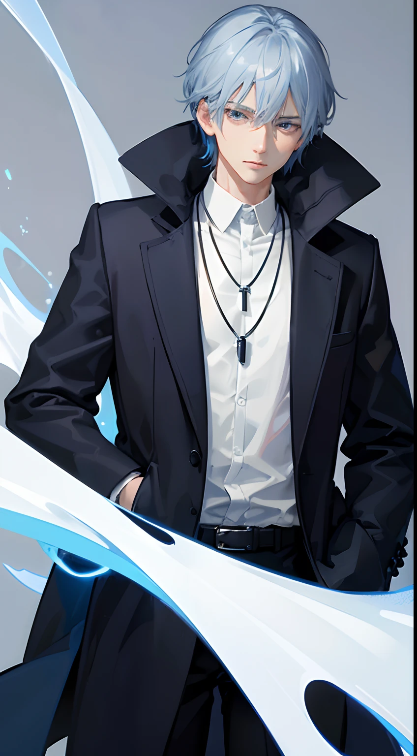 hightquality、Transcendent Beauty Young Man、Cool handsome man、(shiny blue hair)、、(Braided straight short hair)、Light blue eyes、Kuroko under the right eye、((Black coat and silver necklace))、Zito-order、Straight face、glamor