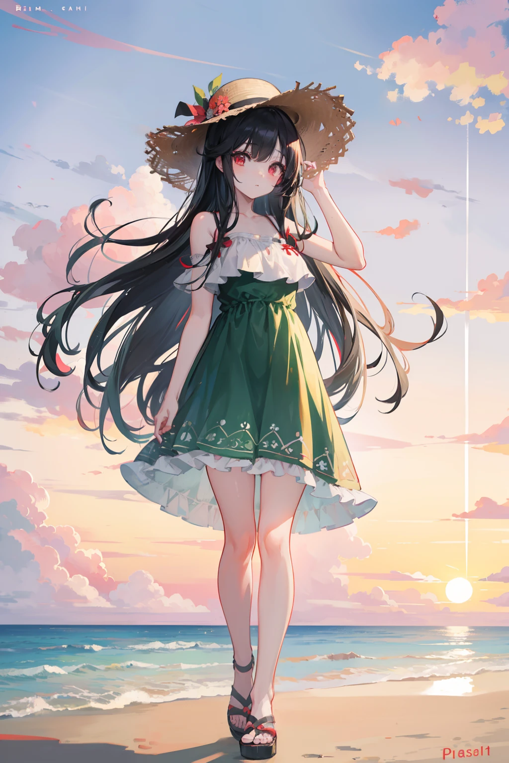 anime girl, long black hair, crimson red eyes, wearing a straw hat, dressed in a pastel green dress with white patterns, good anatomy, standing at the beach with a beautiful sunset, 8k, high resolution