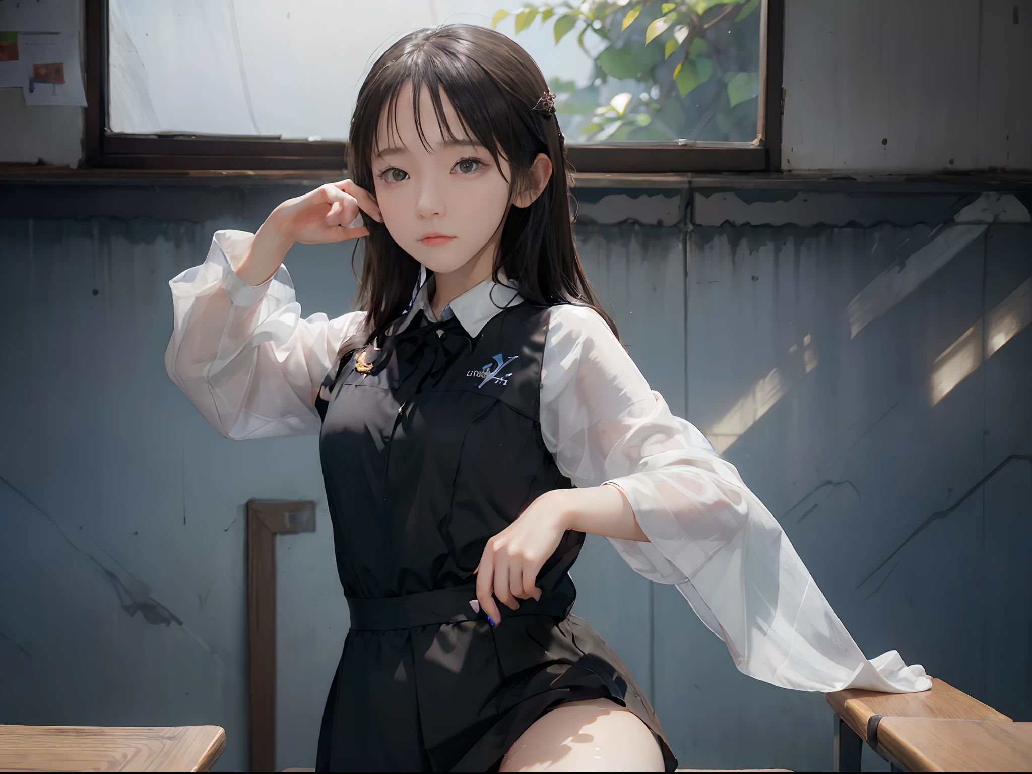 female students are falling asleep in the classroom, summer uniform, sharp focus, 8k, perfect composition, trending on art station, award-winning photograph, cinematic smooth, intricate detail, highly detailed, from below, splash, fractal art, god ray, rainbow,