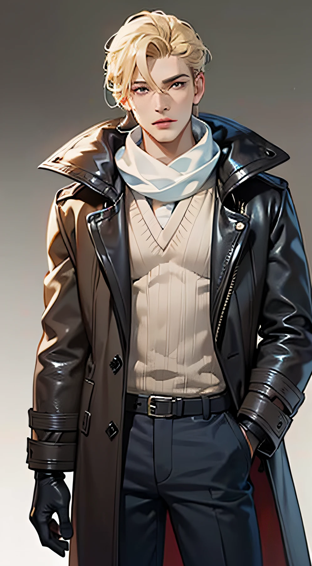 1male, age 38, light skin tone, longue blonde hair, mechanical blue right eye, brown left eye, leather coat, white sweater, Black scarf, Archery gloves, Blocky hunting bow behind your back, mature male, reference sheet, Dark Detective