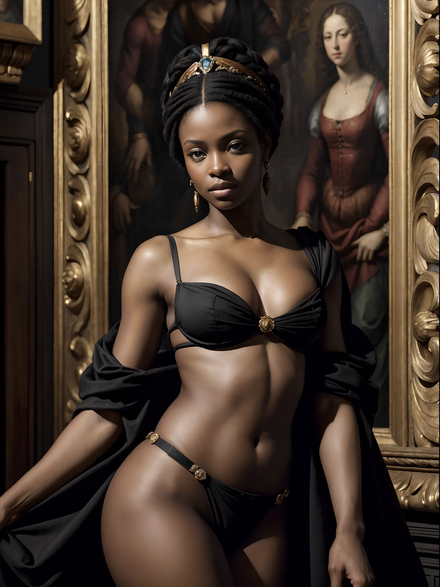 (Renaissance oil painting of a beautiful black woman:1.3), best quality, masterpiece, expressive, thrilling, 256k, epic, crepuscular lights, (by Michelangelo, by Rafael, by Rubens:1.2), chiaroscuro, best quality, masterpiece, (best hands), excellent, outstanding, breathtaking, gorgeous, top quality, 10/10, splendid, amazing, wonderful