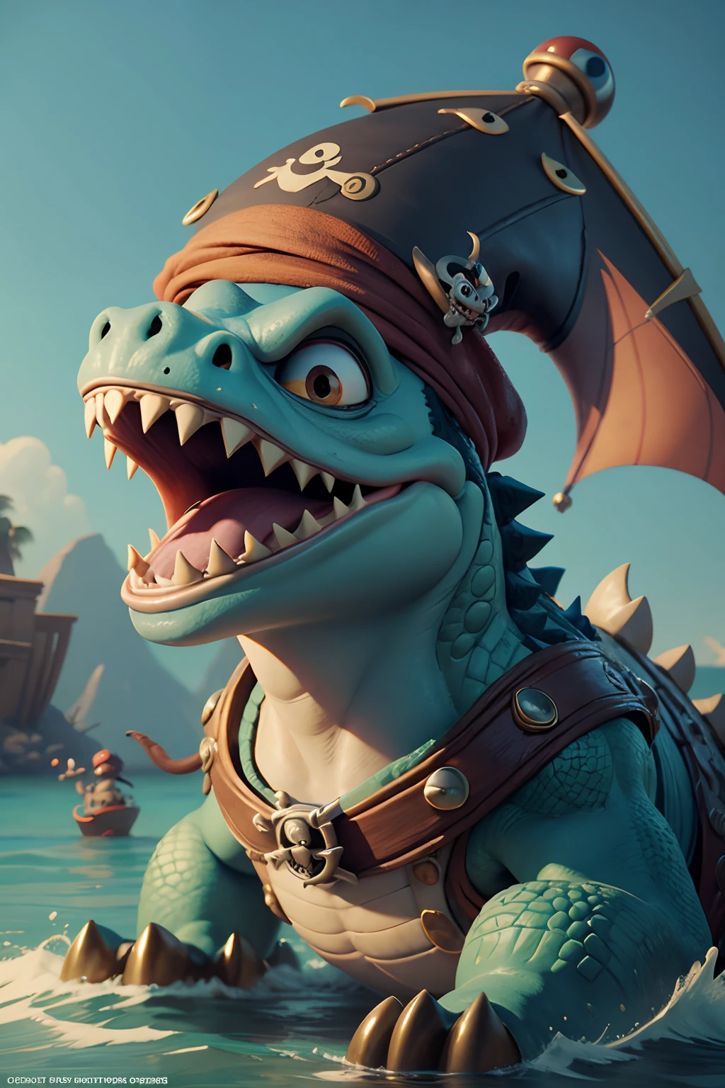 Funny Funny Pirate and Funny Funny Crocodile, a closeup of a, Disney Pixar's cartoon style, many details