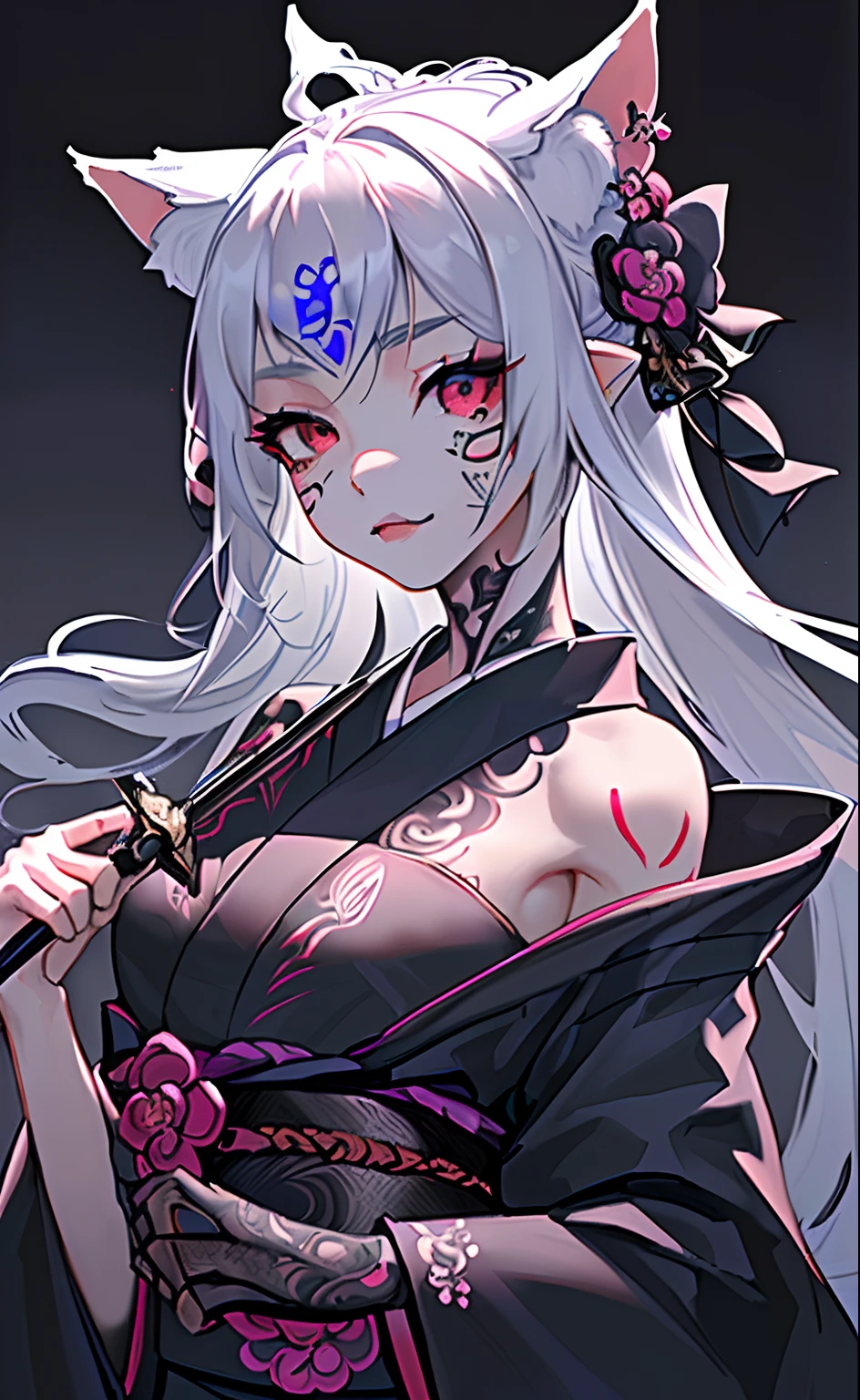 (Photorealsitic:1.3), masterpiece, top-quality, (intricate detailes:1.2), (landscapes:1.3), beautiful countenance, (Black theme:1.3),
(((1girl in、Girl in patterned kimono holding dagger in hand、(Take a look at Veiwer:1.3)、(face tattoos:1.2)、Fox ears、
)))、full body Esbian