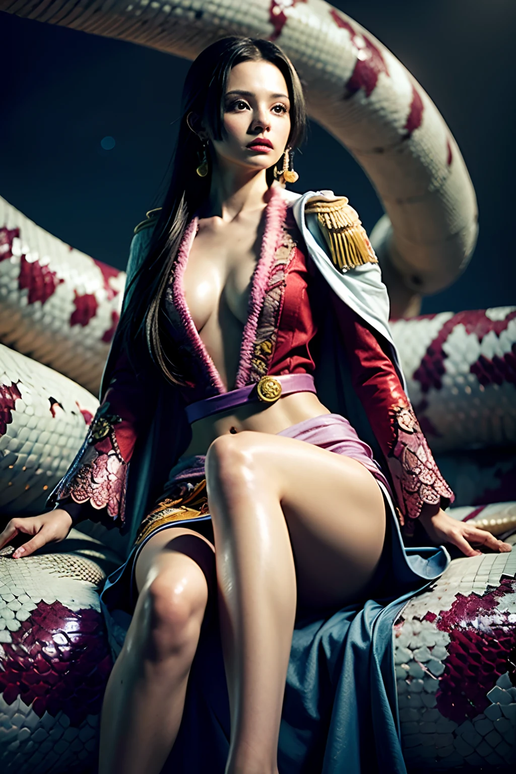 original photo:1.2),(realistic:1.4),beautiful detailed girl,very detailed eyes and face,beautiful detail eyes,ridiculous,incredibly ridiculous,super detailed,high resolution,very detailed,best quality,masterpiece,illustration,very detailed,CG,unified,8k wallpaper,amazing,fine detail,masterpiece,best quality, perfectlighting,1 girl, (((boa hancock))), long hair, epaulettes, white cape, red crop top, side slit, cowboy shot, standing, fullbody, ((snake background))