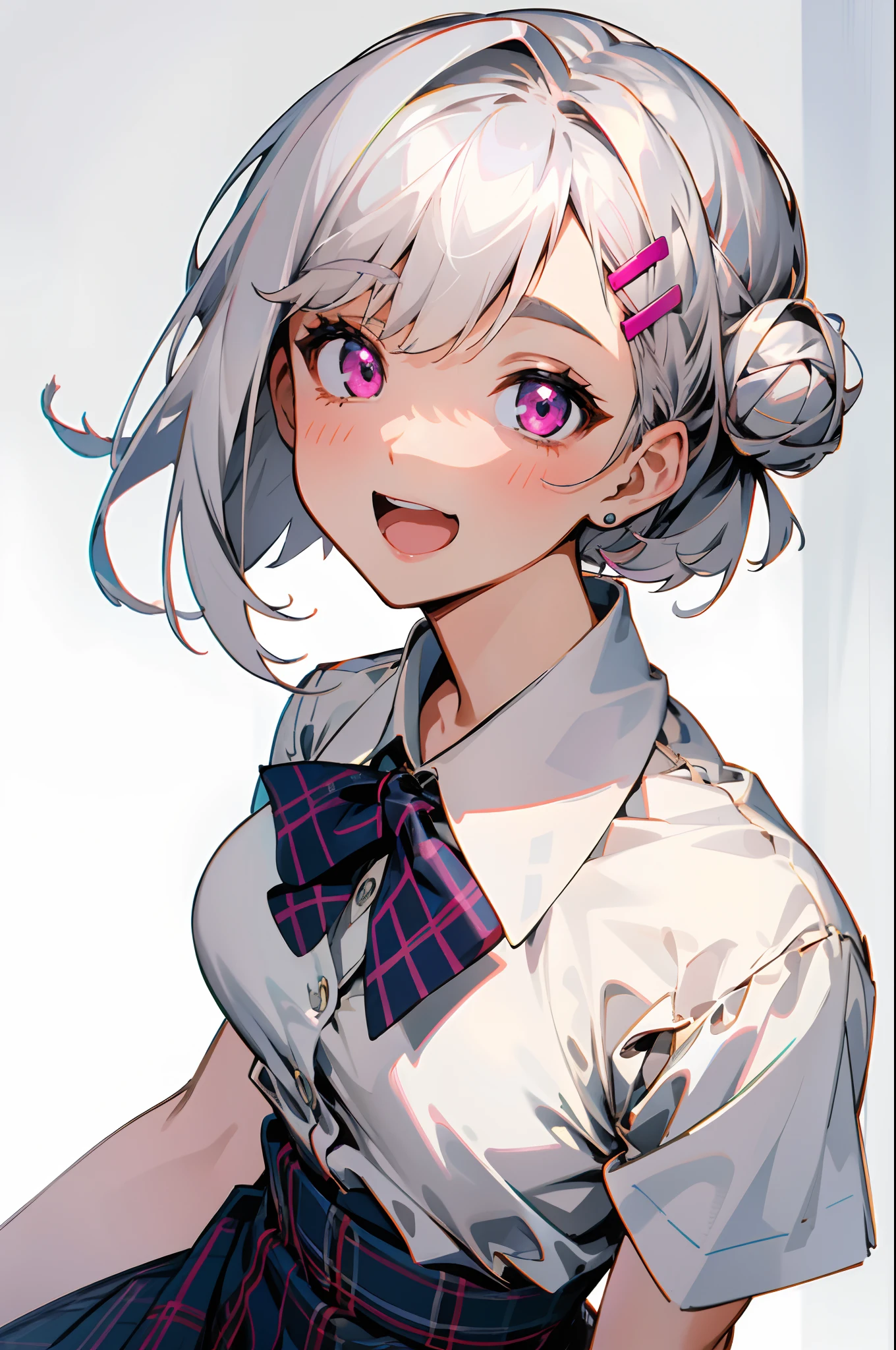 masterpiece, top-quality, Short hairstyle with silver hair and bob, Hair tied in a bun with a hair clip, Pink eyes, small tits、White blouse shirt, Tartan checked skirt, The upper part of the body, From above, Look at viewers, A smile, open open mouth, Rustic village