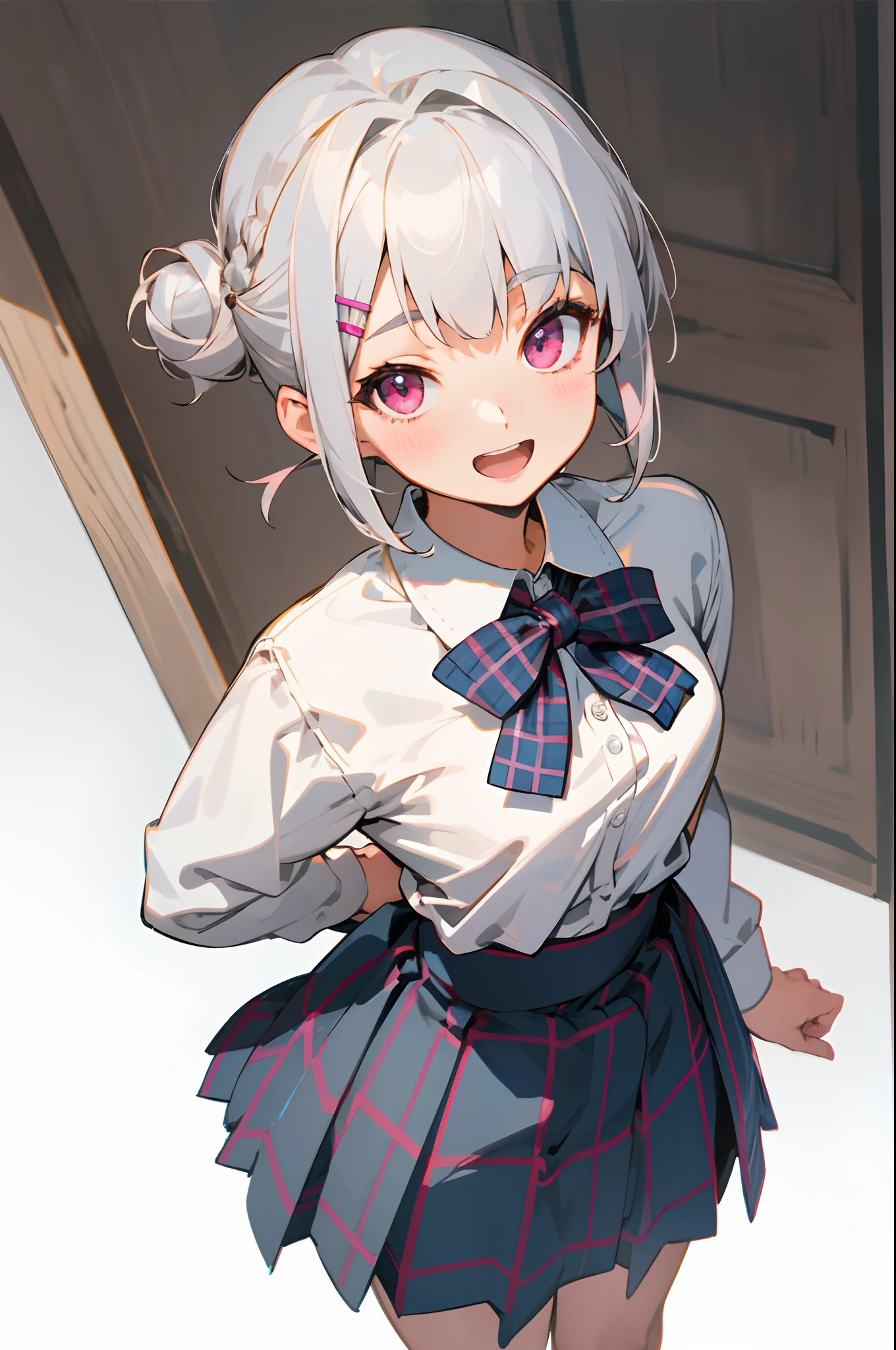 ​masterpiece, top-quality,  Short hairstyle with silver hair and bob, Hair tied in a bun with a hair clip, Pink eyes, small tits、White blouse shirt, Tartan checked skirt, The upper part of the body, From  above, Look at viewers, A smile, open open mouth, Rustic village