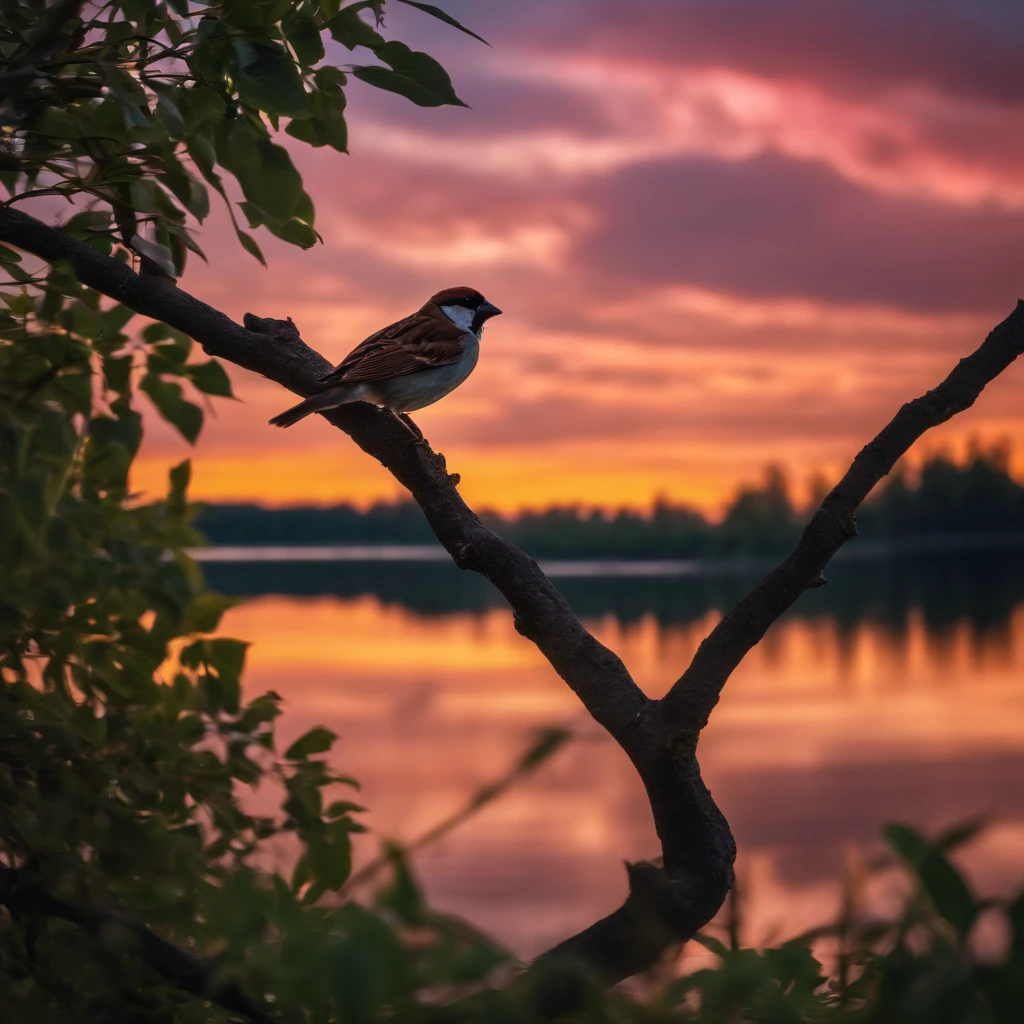 A lonely sparrow perched on a tree branch next to a vast lake with a sad sunset sky.