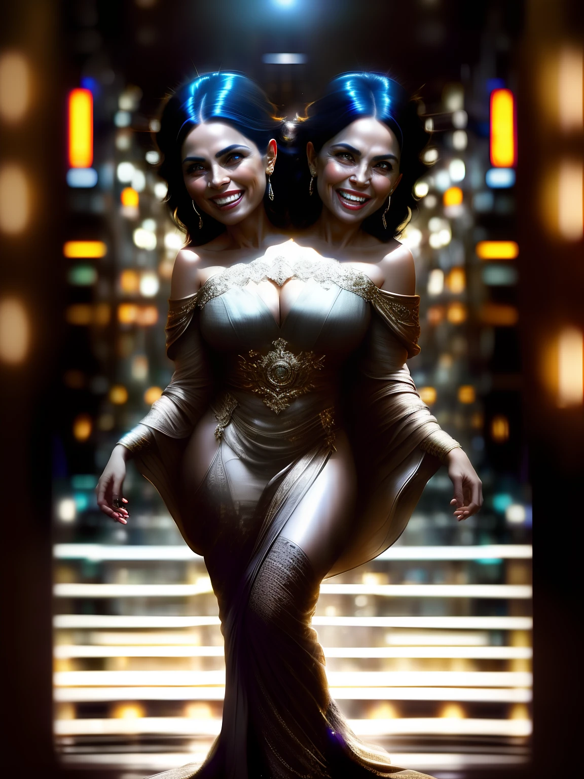 ((2heads)),Portrait photo of a mature woman, (laughing:0.7), black hair, complex city background, backlit, (cinematic:1.5), epic realistic, hyperdetailed, insane details, intricate details, accent lighting, soft volumetric light,, (dramatic light:1.2), (neutral colors:1.3), full body