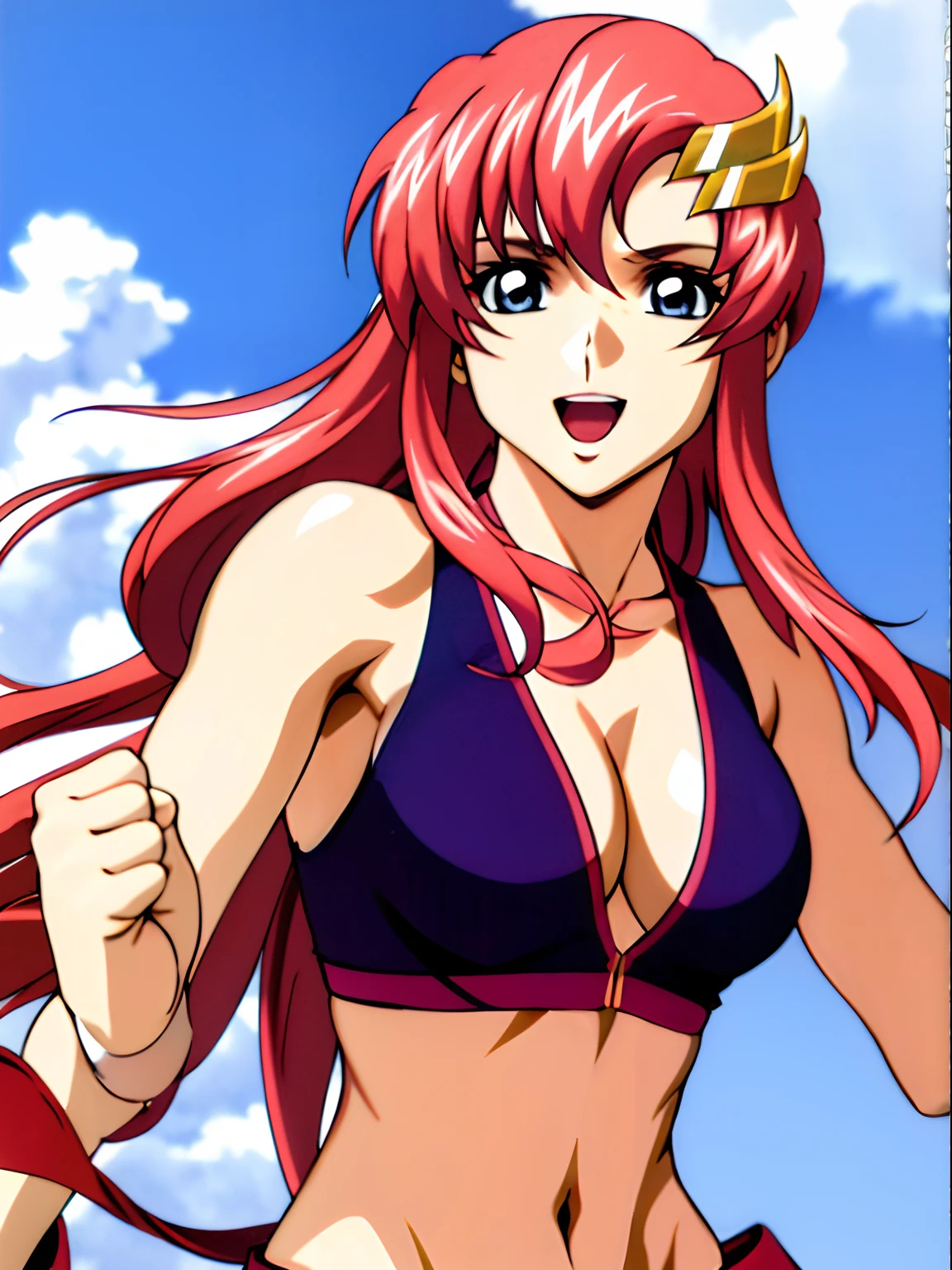 (masterpiece, upper body view, 4K, Best Quality, Anime style: 1.9,, Adult Woman, ultra detailed face, (cloud background, wrestling), Drawing lines, high resolution, Anime, lacus4), 1girl, Solo, curvy figure, Long hair, 鎖骨, scapular, (Detailed wide hair bangs, Hair Ornament, Detailed reddish-pink hair, golden crest), cleavage, large hands, (female pro wrestler). (Big blue eyes, shiny eyes), ((female pro wrestler, little biceps, slender body, off-shoulders, closed fists)), ((perfect proportions, medium breasts, long belly)), (((bikini, pink wrestling gear, champion))), happy, smile, open mouth, (standing, looking at the viewer), showing off underarm,