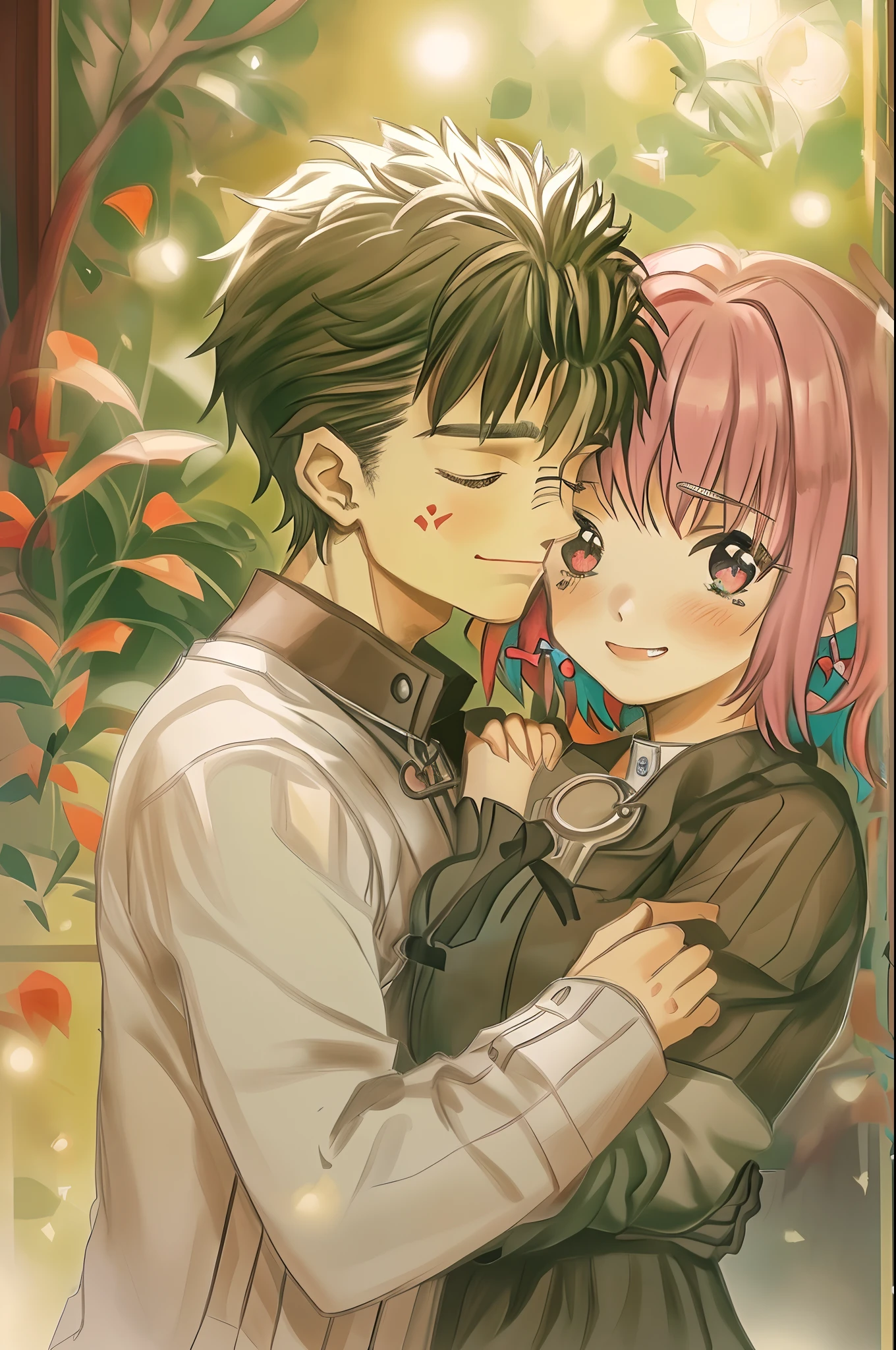 A detailed masterpiece depicting a heartwarming scene of Riamu and Guts, a lovely and deeply in love couple. In this artwork, Riamu and Guts are sitting closely, wrapped in a warm and tender embrace. Their love shines through their beautiful smiles and gentle kisses. The artwork is of the highest quality, with ultra-detailed features that capture every intricate detail of their expressions, from the sparkles in their eyes to the delicate lines on their faces. The portraits are incredibly art, almost like a photograph, with vivid colors that bring the scene to life. The artwork is bathed in warm tones, creating a cozy and intimate atmosphere. Soft lighting adds a touch of romance to the scene, illuminating the couple and enhancing the emotional connection between them.