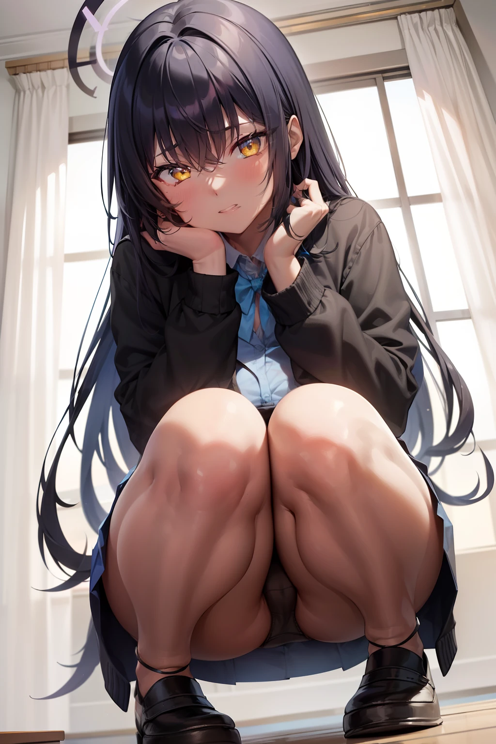 Blue Archive Karin, karin, Ahoge, Black hair, (Dark skin), (dark skinned female:1.3), Halo, Long hair, (Yellow eyes:1.5),Break Cardigan, Neck ribbon, Black pleated skirt, bow ribbon, School uniform, Skirt, (Blue cardigan:1.3), Naughty big、large full breasts、BREAK looking at viewer, Break indoors, crass room,BREAK (masutepiece:1.2), Best Quality, High resolution, Unity 8k壁纸, (Illustration:0.8), (Beautiful detailed eyes:1.6), extra detailed face, Perfect Lighting, extremely details CG, (Perfect hands, Perfect Anatomy),(black panties:1.3)、(Fully exposed panties:1.5)、(Squatting:1.3),plein air、outside of house、