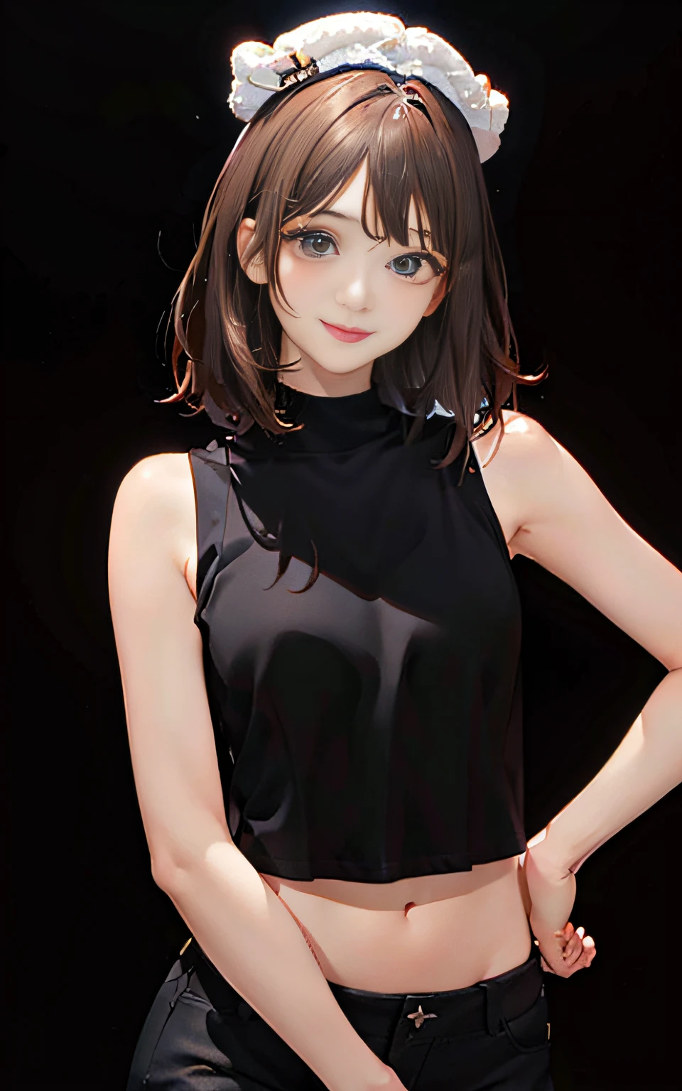 (masterpiece、beautidful eyes:1.2)、(Brown hair:1.2)、(Zaphyr's eye color:1.1)、((Hands behind your hips))、short bobbed hair、(Black tank top:1.2)、Realistic lighting、beautiful lighting、Ray traching、Photorealsitic、(hyper realisitic:1.2)、hight resolution、4K、8K、(extremely details CG、8K wallpapers:1.1)、Very elaborate and sharp digital illustrations、the detail、真实感、beautiful countenance、Very elaborate face、A hyper-realistic、masterpiece、A detailed eye、The ultra-detailliert、Volume Lighting、realistic shadow、intricate detailes、detaile、jolly、A smile、(White cap:1.2))、Hands behind your hips