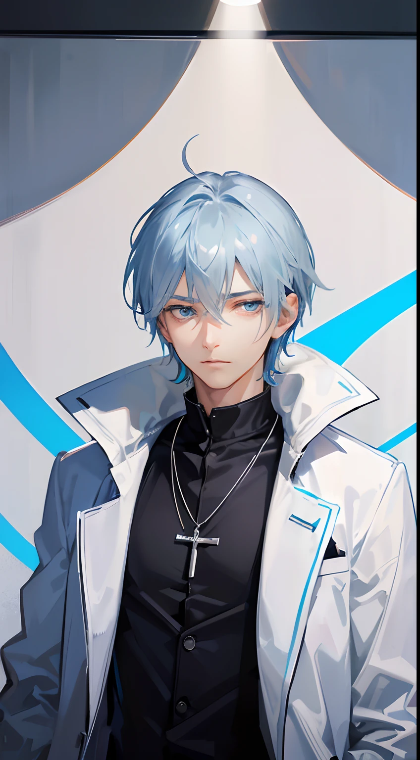 hightquality、Transcendent Beauty Young Man、Cool handsome man、(shiny blue hair)、、(Straight short hair)、Light blue eyes、Kuroko under the right eye、((Black coat and silver necklace))、Zito-order、Straight face、glamor