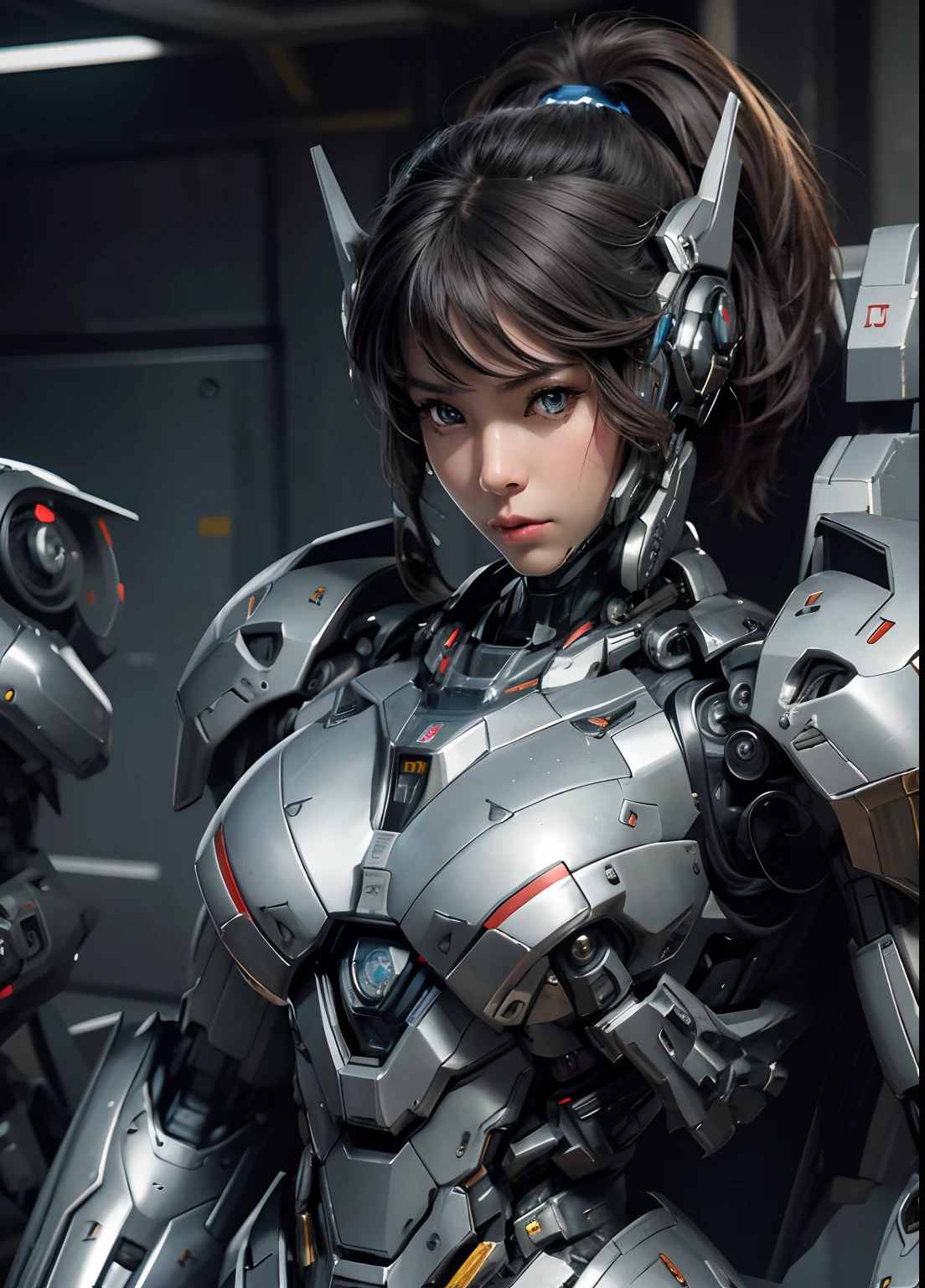 Textured skin, Super Detail, high details, High quality, Best Quality, hight resolution, 1080p, hard disk, Beautiful,(War Machine),beautiful cyborg woman,Mecha Cyborg Girl,Battle Mode,Girl with a Mecha Body,She wears a futuristic war machine mech,Fulll body Shot