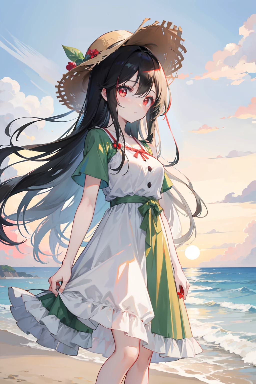 anime girl, long black hair, crimson red eyes, wearing a straw hat, dressed in a pastel green dress with white patterns, good anatomy, standing at the beach with a beautiful sunset, 8k, high resolution