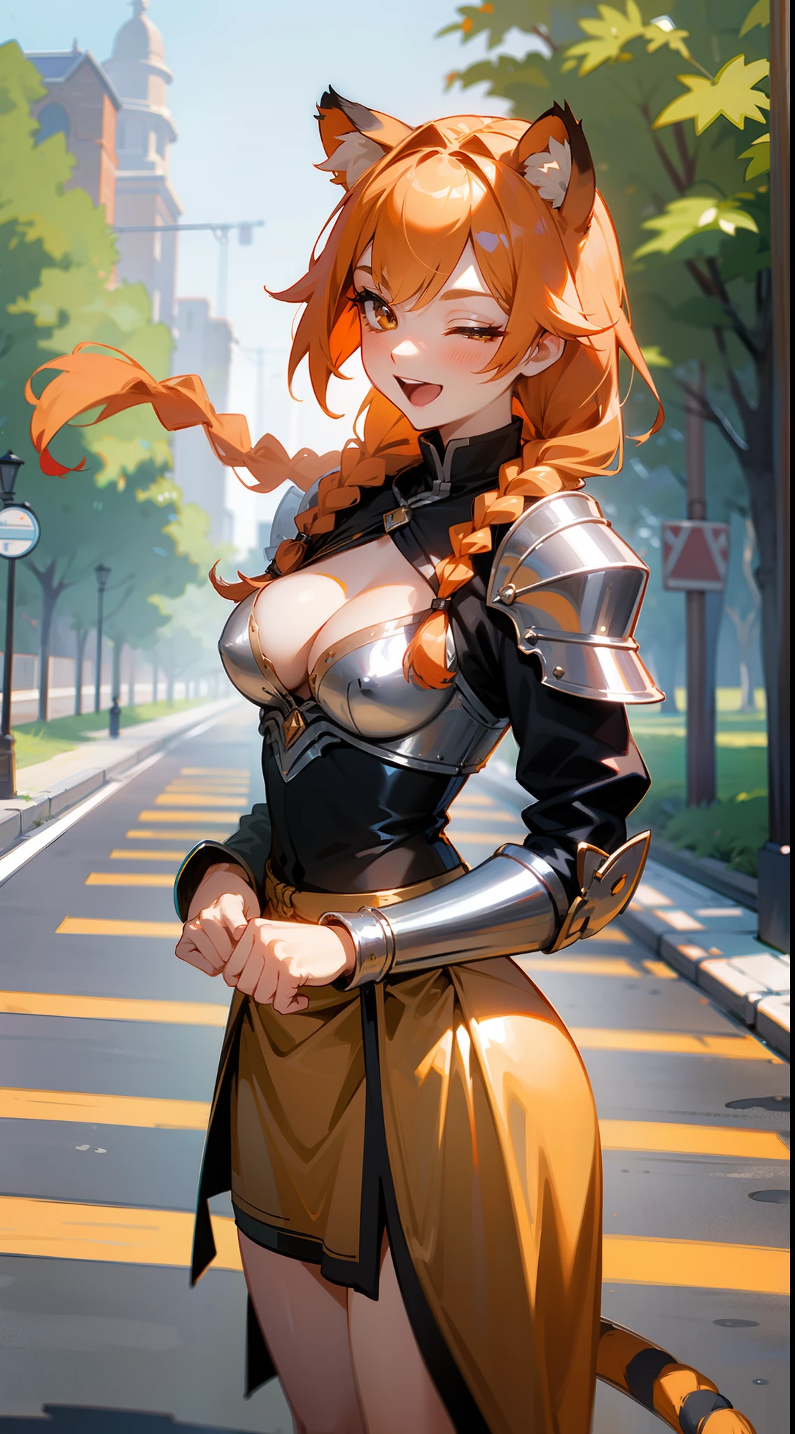 1girl,30s,tall,mature female,tiger tail,tiger ears,long hair,(twin braids:1.2),orange hair,solo,templar silver knight outfit,knight,golden long chainmail skirt,happy face,smile,open mouth,cleavage,(standing in a road),medium breasts,large thighs,one eye closed,hd,masterpiece,8k,cowboy shot