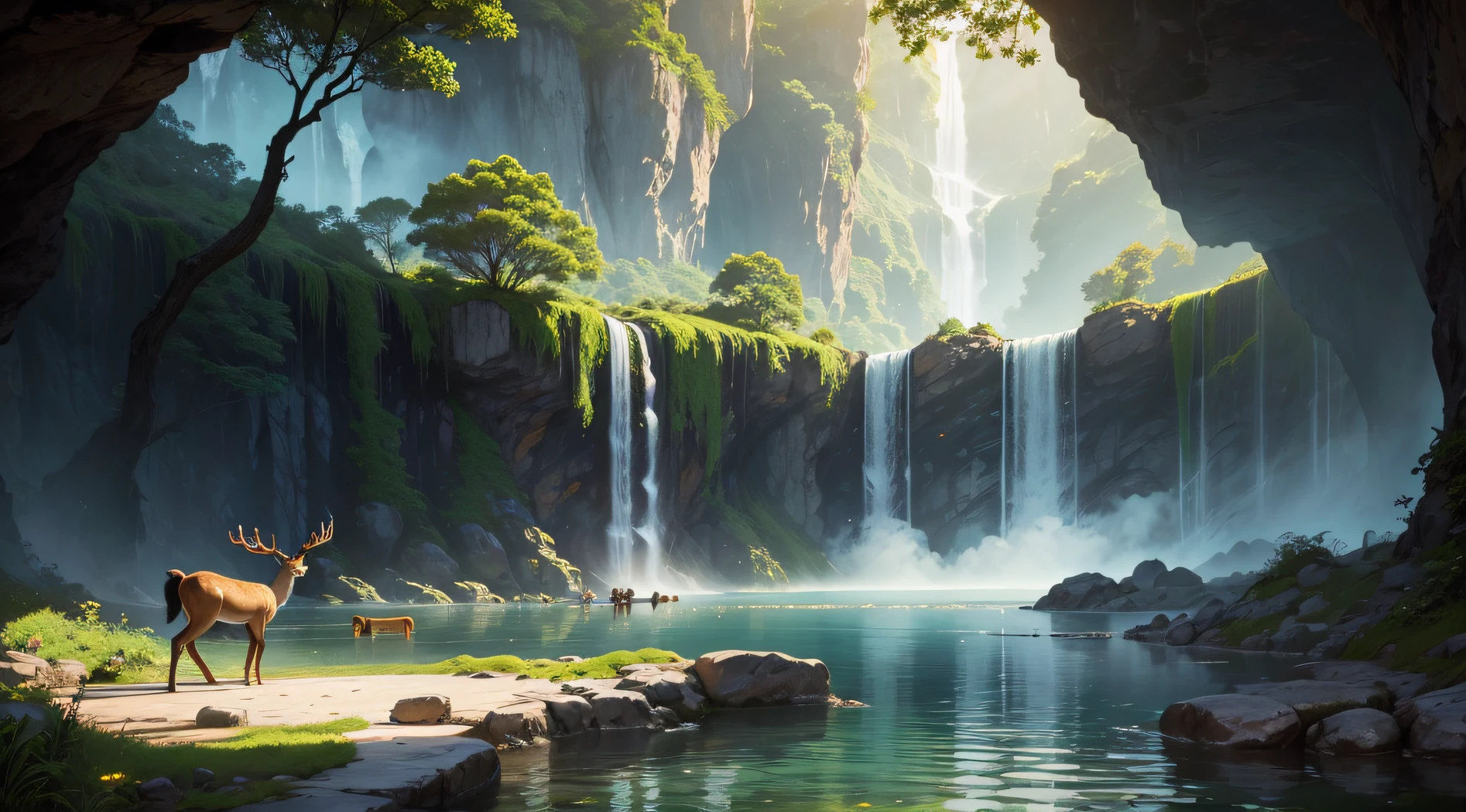 spring, jungle, Lake, Cave, waterfall, tree, grassland, stone, deer, hot springs, steam