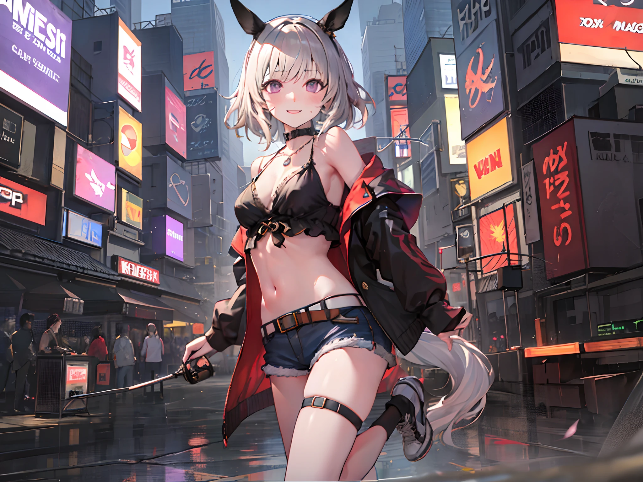 masterpiece, 1 girl, white bandeau, under boobs, high angle, intricately detailed, new york times square, night, neon lights, raining, puddle, streets, crowd, navel, necklace, holding smartphone, beautiful face, denim shorts, smiling, extremely detailed, photorealistic, octane render, 8 k, unreal engine. horse ears, horse tail, bare breasts, bare stomach, sweaty, people on background, heavy breathing, detailed, cowboy shot, small breasts, black belt, leg strap, hair ribbon, white hair, solo, cleavage, navel, purple eyes, bare shoulders, sexy, stomach, handbag, full body, sneakers