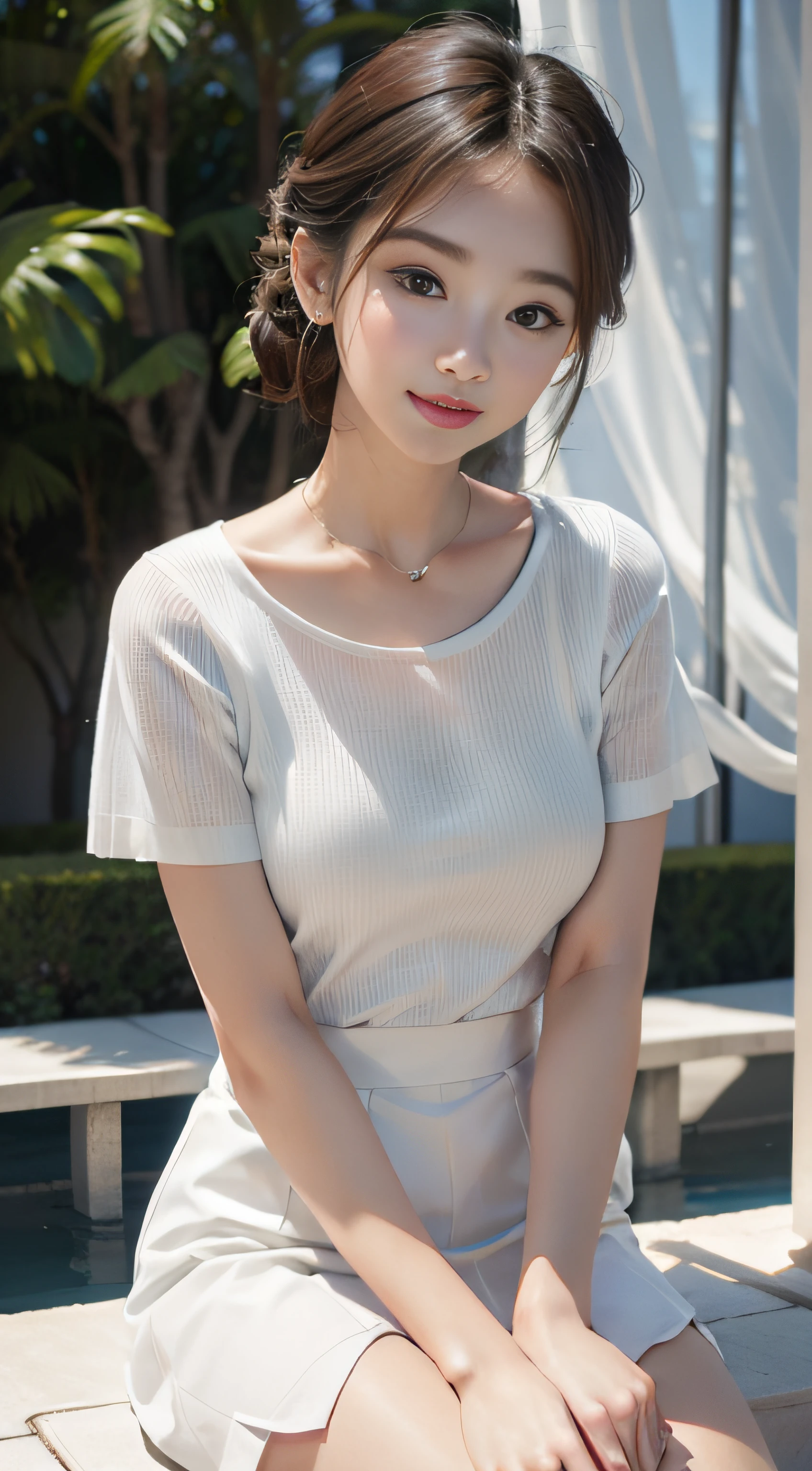 ​masterpiece、Top image quality:1.2、((beautiful young woman with))、Transparent skin:1.2、{A slight smil}、(kawaii)、Short sleeve knit、luxury hotel、depth of fields、Sharp Focus、Fine details