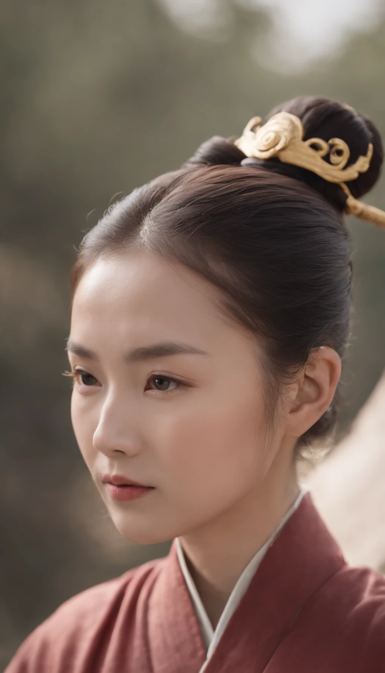 A close-up of a woman,Taoist,There is a bun on the top of the head,a gold hairstick on her head,Use mahogany hairpins,Monk customs,inspired by Wu Daozi, monk portrait, Taoist master, Inspired by Hu Zaobin, inspired by Hu Zao,inspired by Li Cheng,high-definition picture quality