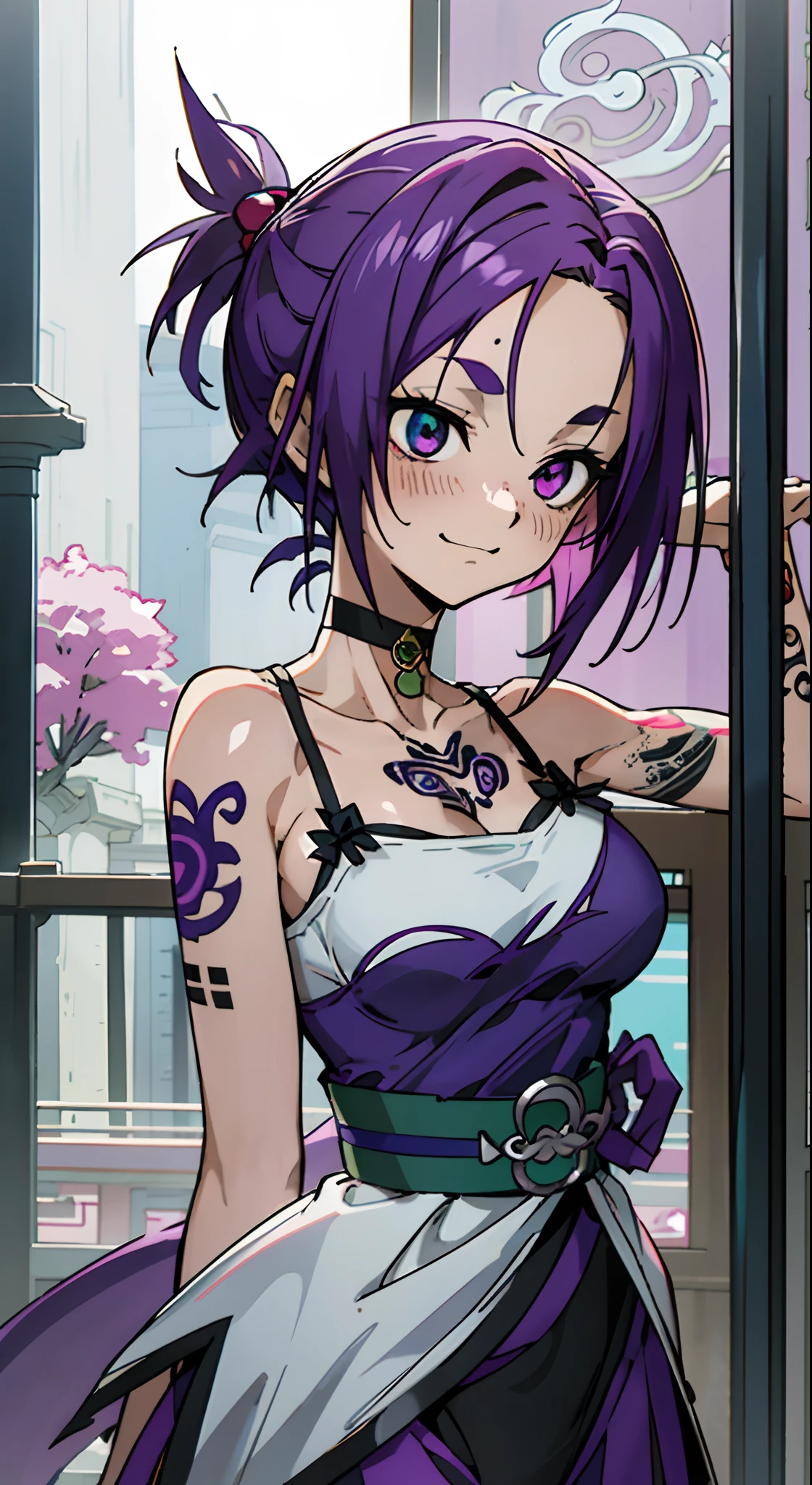 Masterpiece, Best quality, Ultra-detailed, Off-the-shoulder attire, Colorful,take up close, Hyper-detailing,purple color hair, Ultra-realistic hair quality, Vibrant colors, cute Women, Beautiful long hair, bun, chignon, Shiny hair, detailed hairs, reo mikage, bluelock, no sleeves, camisole and cheongsam, chinese clothes, chest exposure, lace underwear, the kinky is exposed, choker, black choker, arm warmers, relative area, a belt, sexy breasts, tattoo, arm tattoo, dragon tattoo, wrist tattoo, hand tattoo, big breasts, red blush, 1girl, Solo, sharpy face, heterochromia, green eyes, purple eyes, Bare neck, happiness face, rays of sunshine, brautiful sky, shining sky, Shanghai Village, castle
