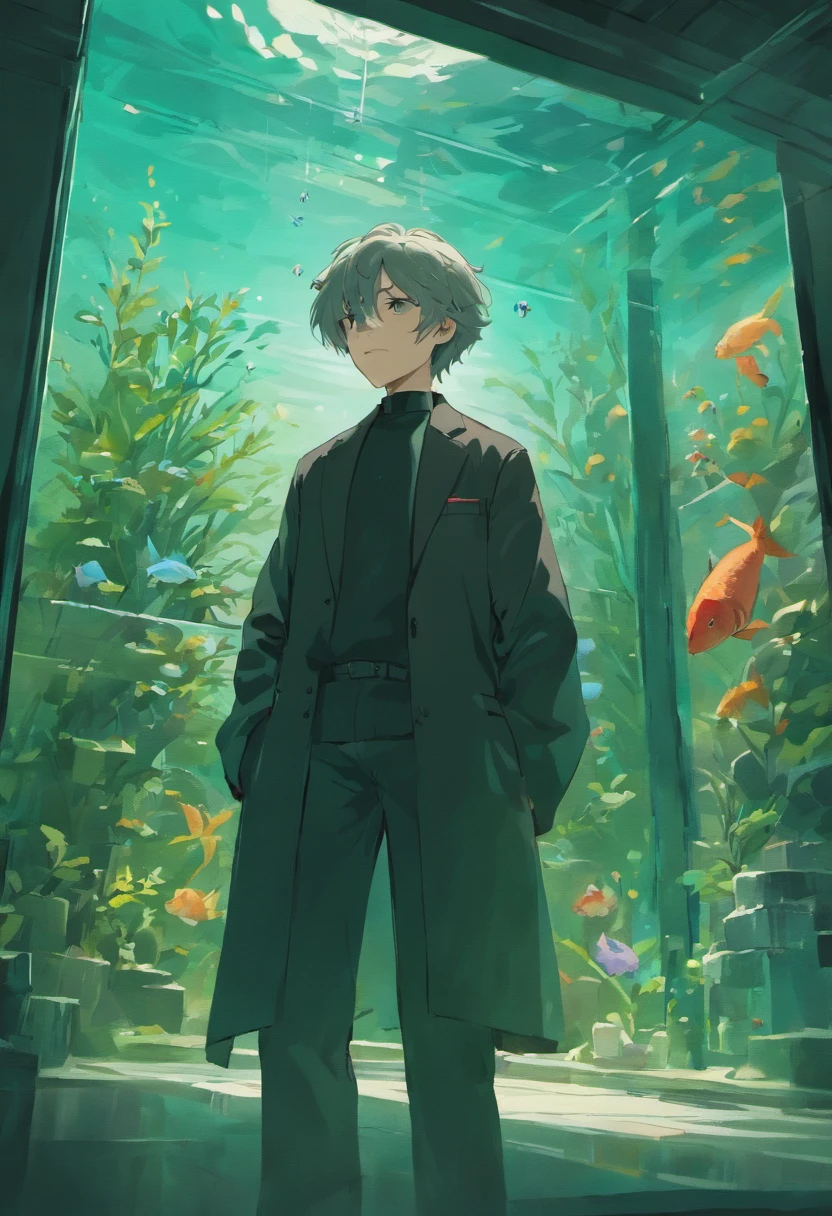 A middle-aged man dressed in black,Holding a square fish tank,Look at the little white carp in the fish tank,He couldn't help but sigh either。