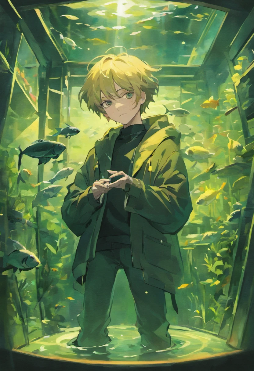 A middle-aged man dressed in black,Holding a square fish tank,Look at the little white carp in the fish tank,He couldn't help but sigh either。