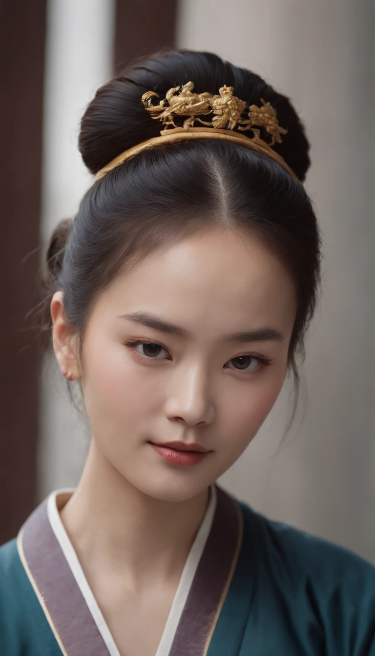 A close-up of a woman,Taoist,There is a bun on the top of the head,a gold hairstick on her hairbun,Use mahogany hairpins,Monk customs,inspired by Wu Daozi, monk portrait, Taoist master, Inspired by Hu Zaobin, inspired by Hu Zao,inspired by Li Cheng,high-definition picture quality