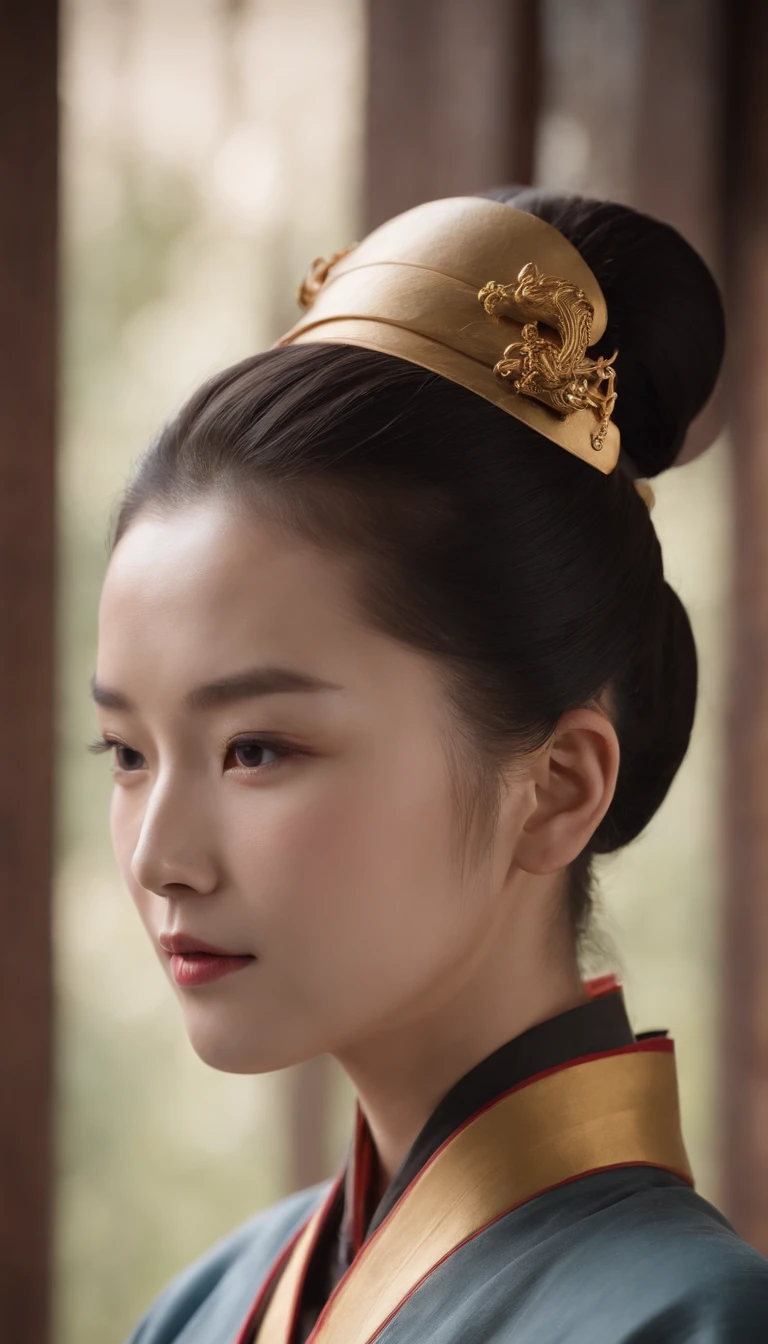 A close-up of a woman,Taoist,There is a bun on the top of the head,a gold hairstick on her hairbun,Use mahogany hairpins,Monk customs,inspired by Wu Daozi, monk portrait, Taoist master, Inspired by Hu Zaobin, inspired by Hu Zao,inspired by Li Cheng,high-definition picture quality