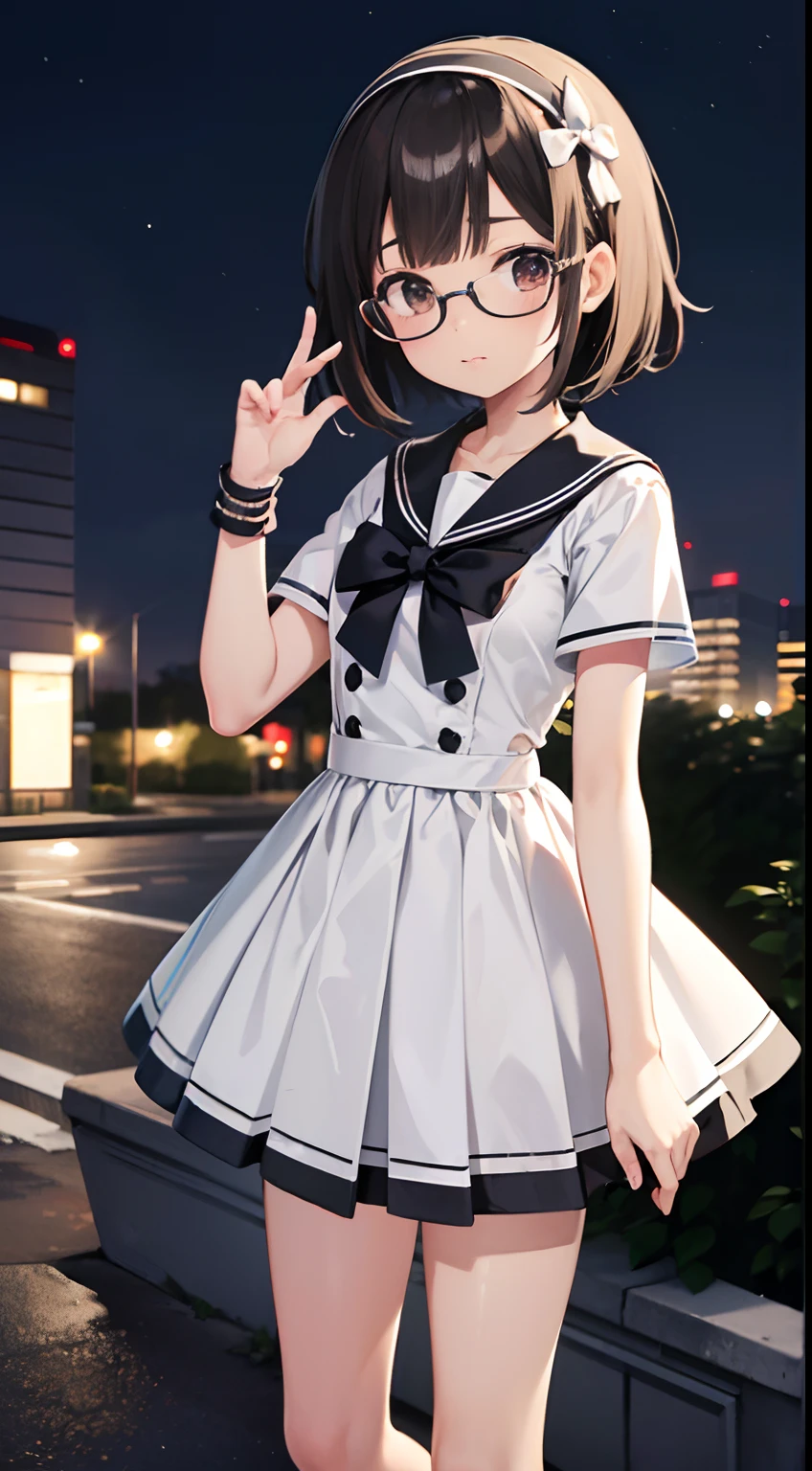 (masutepiece, Best Quality, Capture super cute moments, depth of fields, ultra-detailliert, Ultra High Resolution, C4D, Octadale, 3D Modeling, 8K, 16 K, one girls,a junior high school student, small tits,A dark-haired,short-hair,straight haired,Light brown eyes, horseshoe-shaped hairband,wearing black glasses,Cute face) 、Sailor Lolita、natta、On the roof of a building、nigh sky、neons
