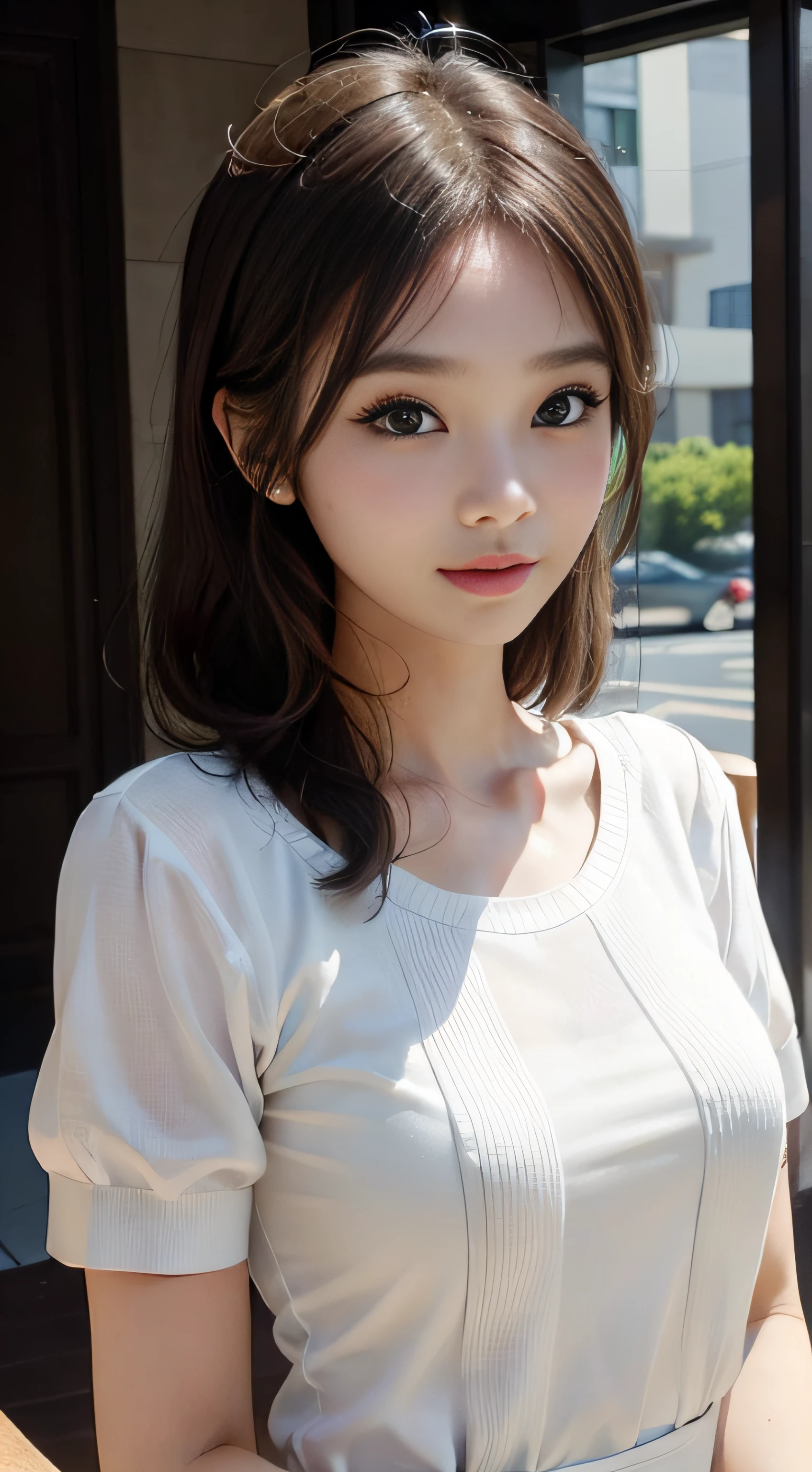 ​masterpiece、Top image quality:1.2、((beautiful young woman with))、Transparent skin:1.2、{A slight smil}、(kawaii)、Short sleeve knit、luxury hotel、depth of fields、Sharp Focus、Fine details