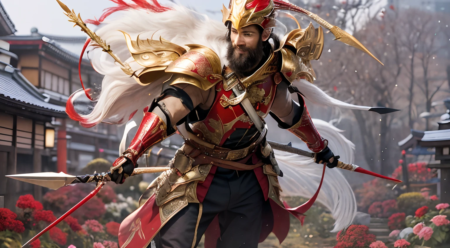 superfine illustration, very detailed beautiful face and eyes, Dynamic Angle, Man with long arrows in Japan garden, wearing red armor, view full body, Looking here, Smile, Grow a beard on the chin, One Man, Wearing a golden helmet