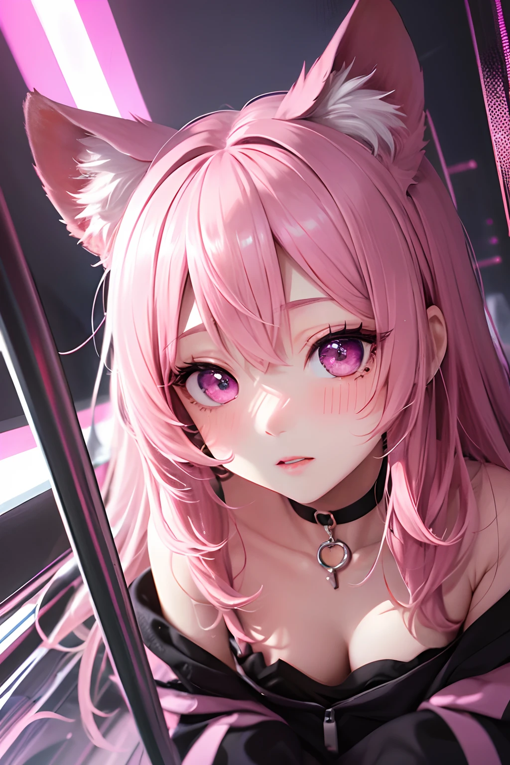 striated hair,Pink twin-tailed hair, Mole under the eyes, mole under mouth, Heart-shaped pupil, longeyelashes, Pink eyes, Heart-shaped choker、full body Esbian、gazing at viewer、Shy, blush, nose blush,Anime style, Color Field Painting, Ray tracing, bloom, One-person viewpoint, nffsw, awardwinning, 16 K, Best Quality, high details, High quality, masutepiece, hight resolution, ccurate, Super Detail、chee