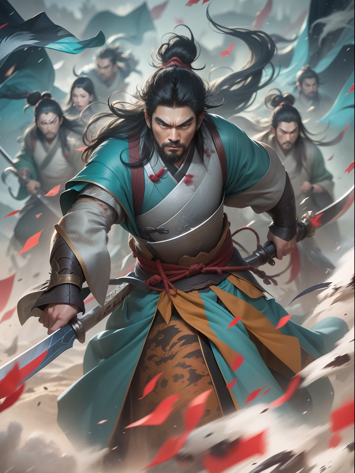 [illustratio，Story split-shots]comic page，There are multiple screens on one page: Chinese male warriors of the Qin Dynasty, A cold face，Symmetrical body, Blood-colored robes，Armed with a blue-edged sword，standing in the wind（Side half close-up）。The battle flag is skewed，Wolf smoke is everywhere，Enemies in the distance are rushing towards him（bblurry，Faraway view）。[Extreme close-up]:Ultra-wide angle, Cinema lenses,Motion capture, strong contrast between light and dark, Depth of field 1.8，The protagonist is focused，Cinema lenses，Zao Wou-Ki style