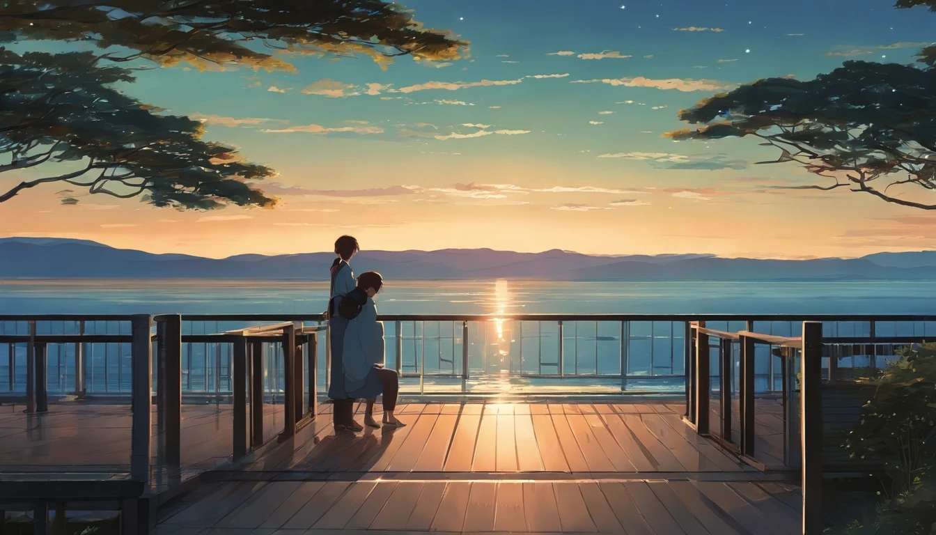 comic strip,Cartoon Split,Exceptional,Storyboard,Masterpiece, Anime college student standing by the sea, Bright starry sky. romantic couple, Makoto Shinkai's picture, Pisif, concept-art, Lofi art style, Reflection. By Makoto Shinkai, Lofi art, beautiful anime scenes, Anime landscape, Detailed scenery —width 672, in the style of makoto shinkai, Makoto Shinkai's style, Enhanced detail.