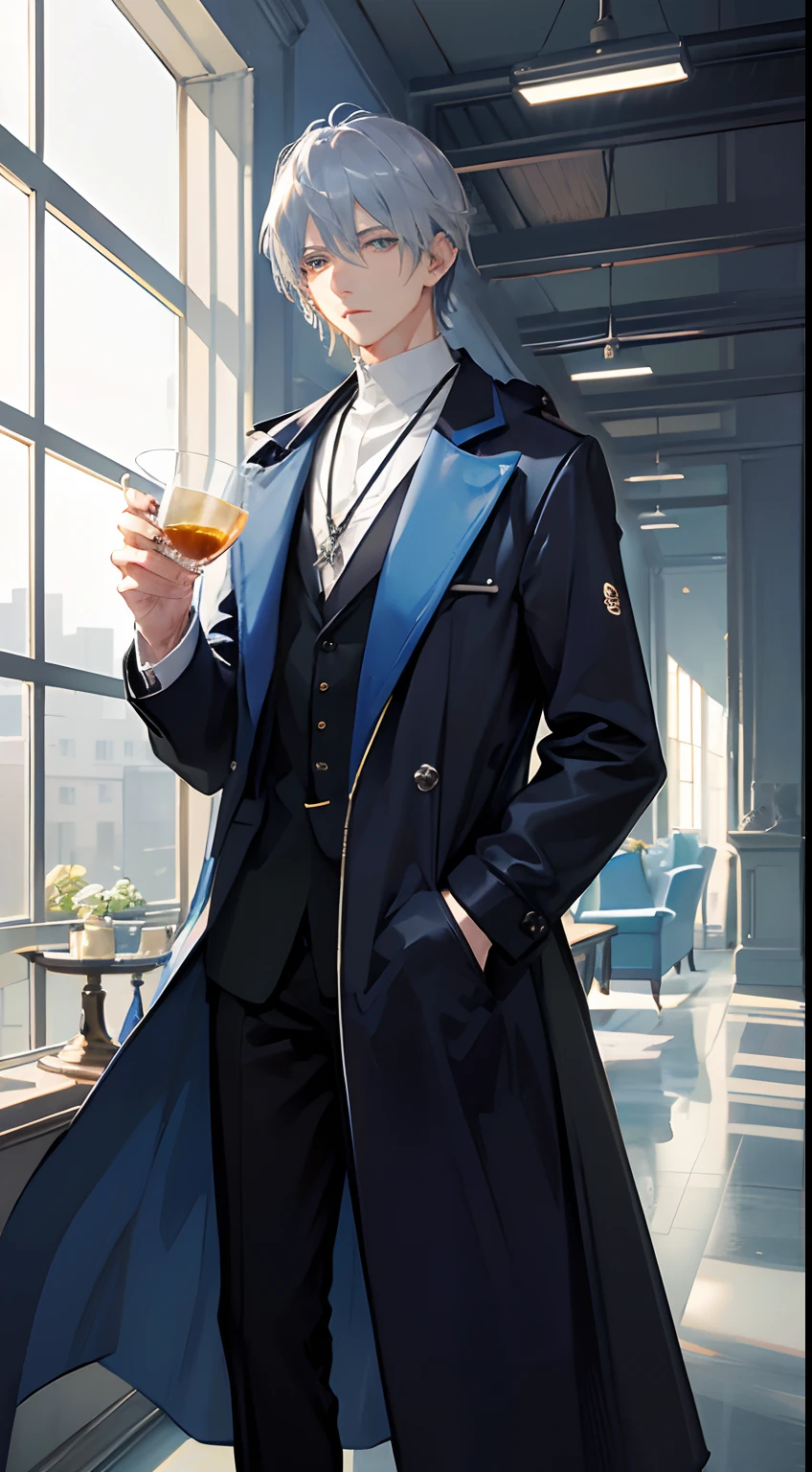 hightquality、Transcendent Beauty Young Man、Cool handsome man、(shiny blue hair)、、(Straight short hair)、Light blue eyes、Kuroko under the right eye、((Black coat and silver necklace))、Zito-order、Straight face、glamor、Drinking tea indoors