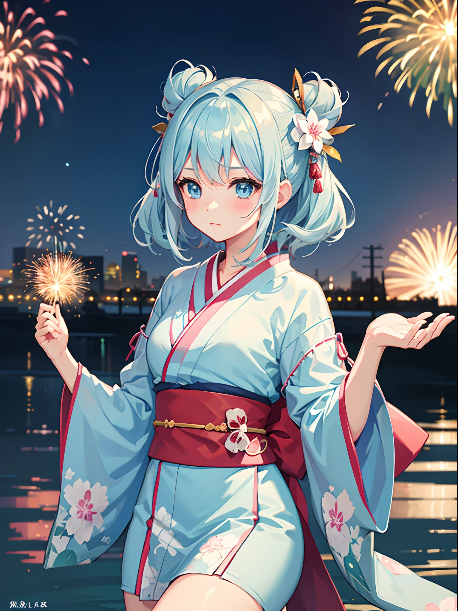((masutepiece)), ((Best Quality)), ((8K)), High resolution, 1girl in, Cat ears, pale skin, Large breasts, aqua eyes, aqua hair, bab cut, Light blue kimono with dragon pattern, Happy New Year, morning, Jumping, pantyshot, shrines, Big smile, sparklers, Sunrise,
