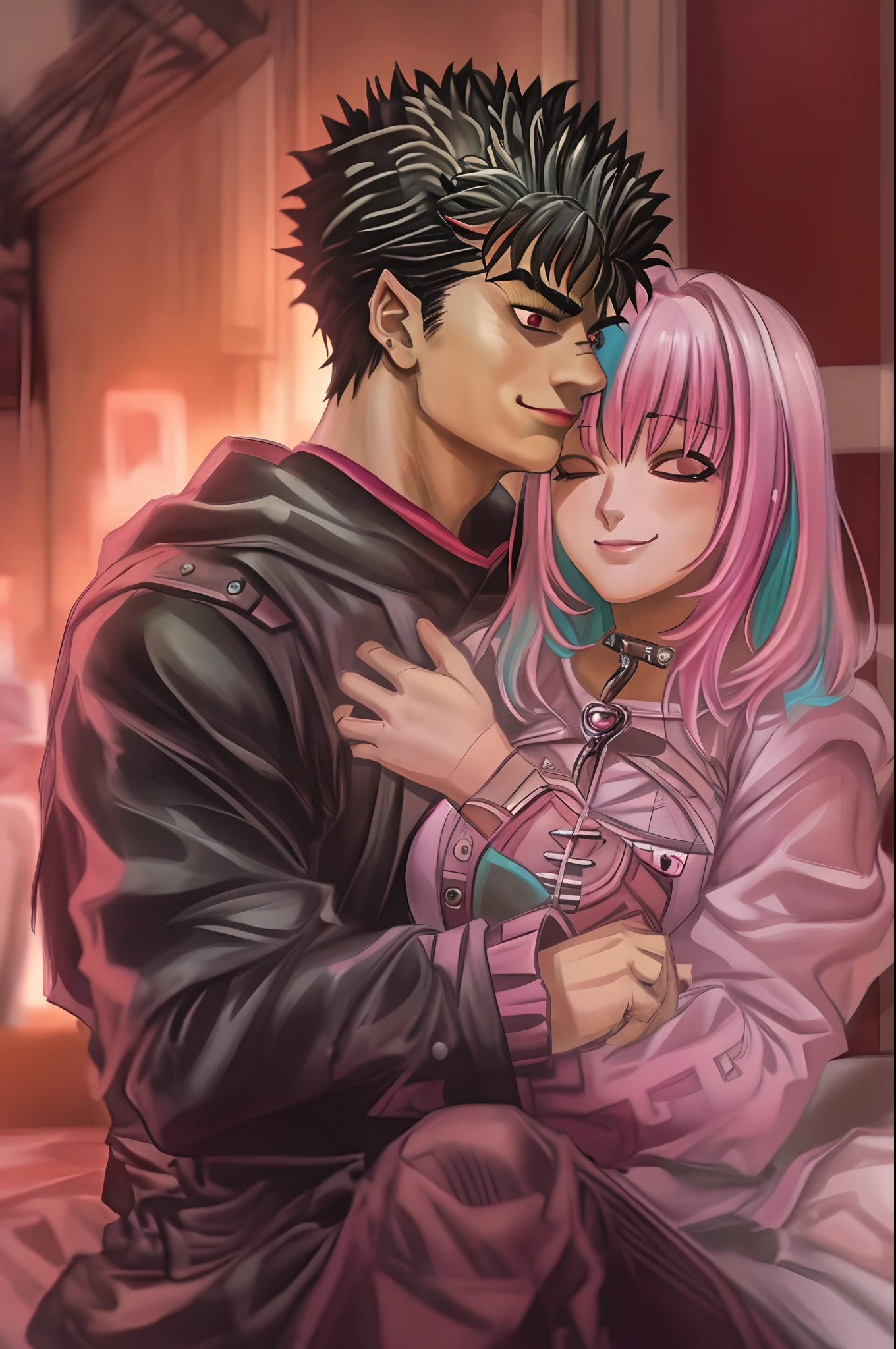 riamu,guts,couple,husband and wife,love dovey couple,sitting,hug,kiss,smile,masterpiece:1.2,ultra-detailed,realistic:1.37,portraits,vivid colors,warm tones,soft lighting