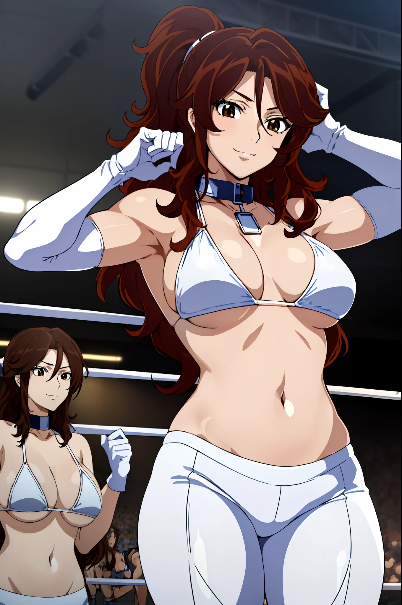 cowboy shot, upper body view, anime style: 1.8, anime drawing, ultra detailed face, ultra detailed body, 4k, Sumergai Lee Noriega, (standing), best quality, anime style, hires, highest definition, digital blending, bold drawing lines, ((slender body, female pro wrestler), (location: wrestling arena, crowds watching), (weak body, slender body, broad shoulders, flexing), ((white micro bikini top, long pants, white boots, white gloves, collar)), victorious, winner, smile, , (big breasts), (big eyes, brown eyes), (warming up), (brown hair, ponytail, curly hair, wavy hair, long hair, missy hair), 27 years old,