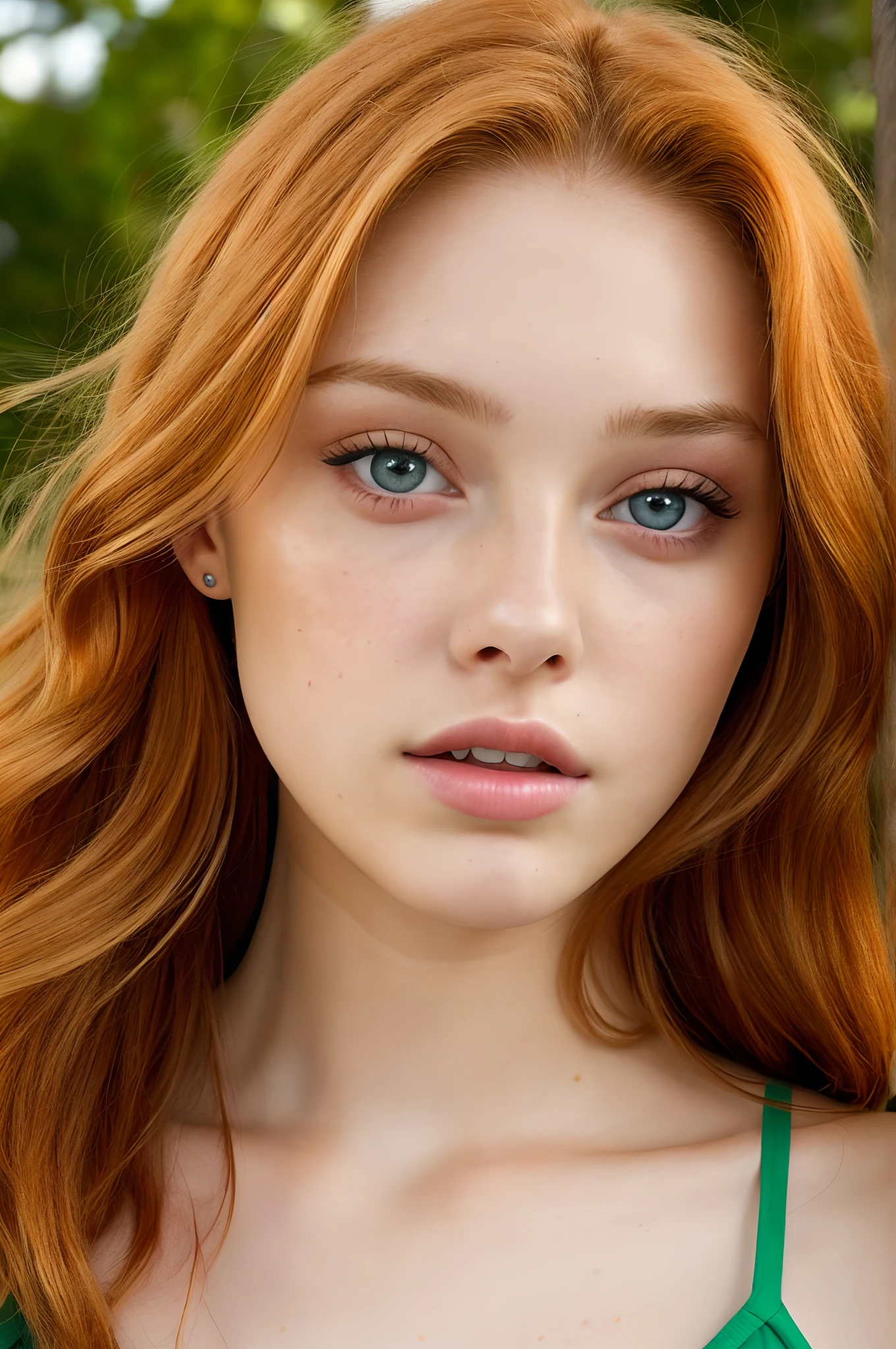 (Close-up editorial photo of a 20-year-old woman, golden hair, slim American love), (Rousseur:0.8), closed lips, realistic blue eyes, POV, Realstic[:, (grain du film, 25 mm, f/1.2, dof, Bokeh, beautiful symmetrical face, Perfect sparkling eyes, Well-defined students, High contrast eyes, ultra detailed skin, traits du visage, pores de la peau, Vellus Hair, coutures de tissu, texture du tissu, grain du bois, texture de la pierre, Finely detailed features:1):0.9]